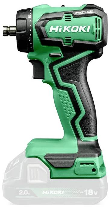 Een groene en zwarte HiKOKI 18V slagschroevendraaier, met 'HiKOKI' gedrukt aan de zijkant, voorzien van grip-details en een accuomtrek aan de basis.