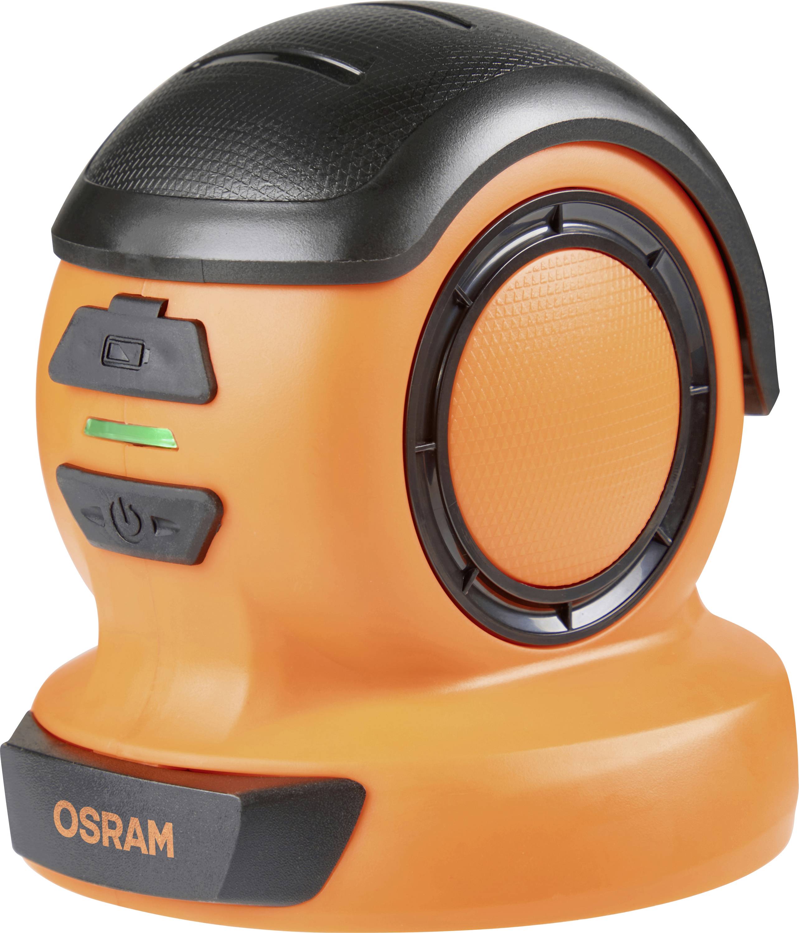 Een oranje en zwarte Osram LED-werkverlichting met een rond ontwerp, gestructureerde handgreep en aan/uit-knop aan de zijkant.
