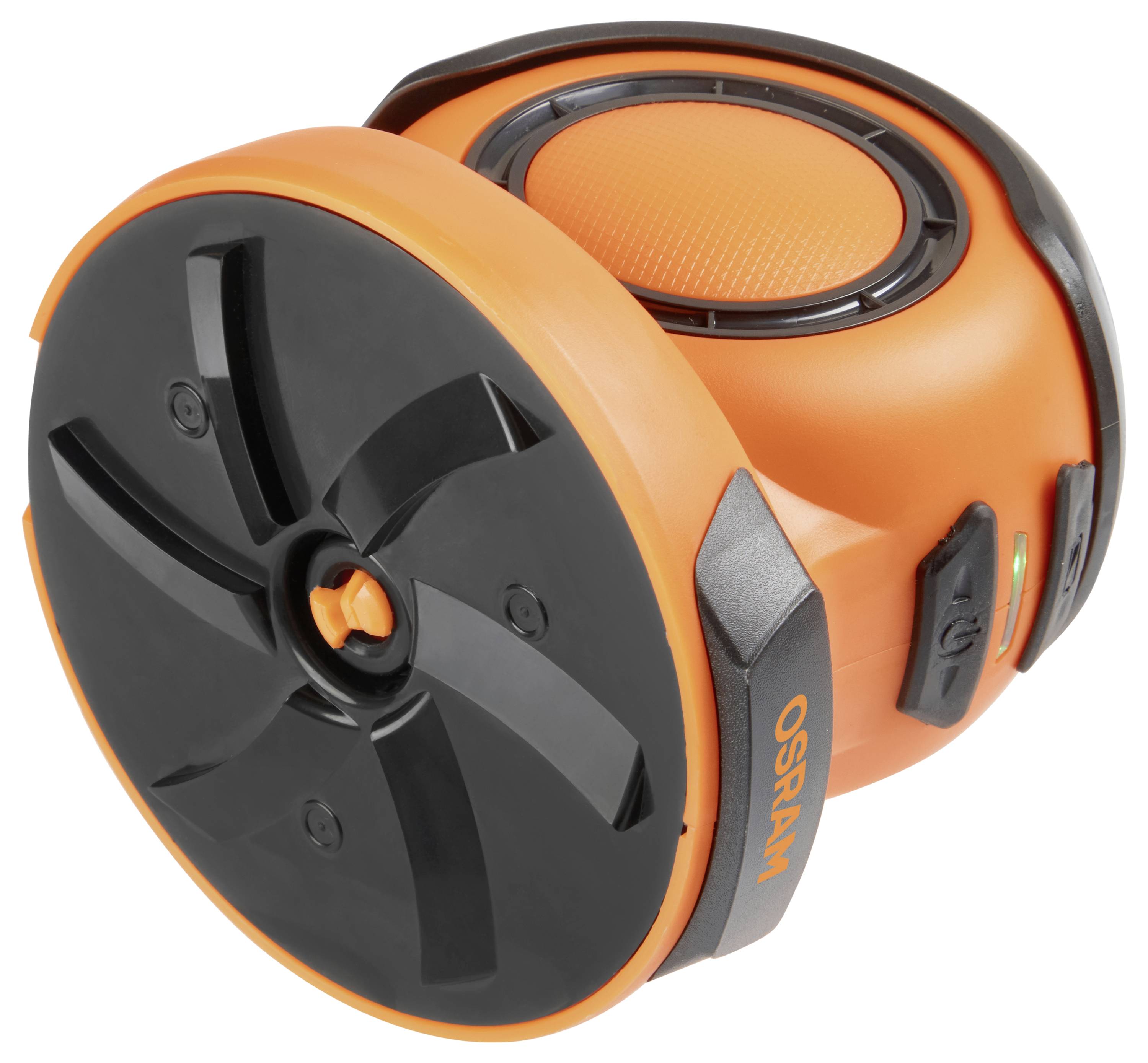 Oranje en zwarte OSRAM bandenpomp met een rond, compact ontwerp, uitgerust met een centraal drukkengauge en bedieningsknoppen.