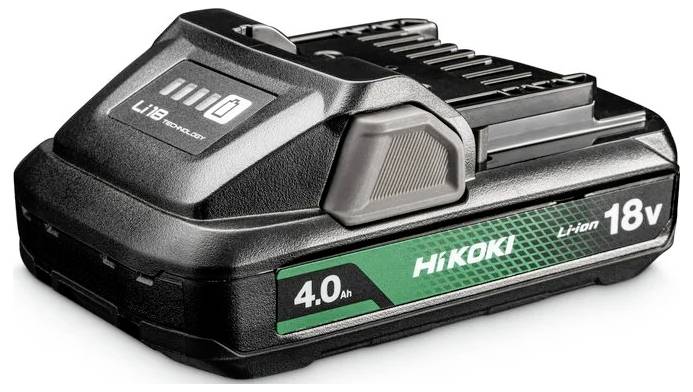 Een zwarte en groene 18V 4.0Ah Hikoki lithium-ion accupack met een 'LiB' indicator.