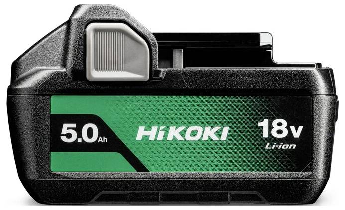 Een zwarte en groene 18V lithium-ion accu voor Hikoki gereedschappen, gemarkeerd met '5.0 Ah' ter aanduiding van zijn capaciteit.