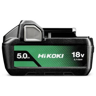 Een zwarte en groene 18V lithium-ion accu voor Hikoki gereedschappen, gemarkeerd met '5.0 Ah' ter aanduiding van zijn capaciteit.