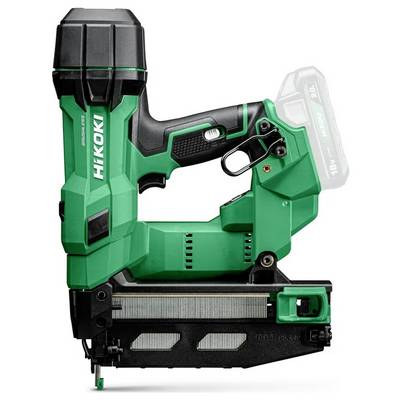 Een groene Hikoki spijkerapparaat met een zwarte handgreep en batterij, ontworpen voor zware constructiewerkzaamheden.