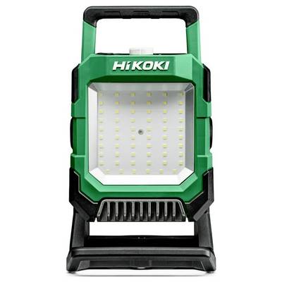 Een groene en zwarte draagbare lamp met 'HiKOKI' branding bovenop, voorzien van meerdere LED-lampen in een roosterpatroon.