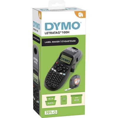 'DYMO LetraTag 100H labelmaker' verpakking met de apparaat, voorbeeldlabels, een tapepatroon, en de tekst '70%' als aanduiding van tapebesparingen.