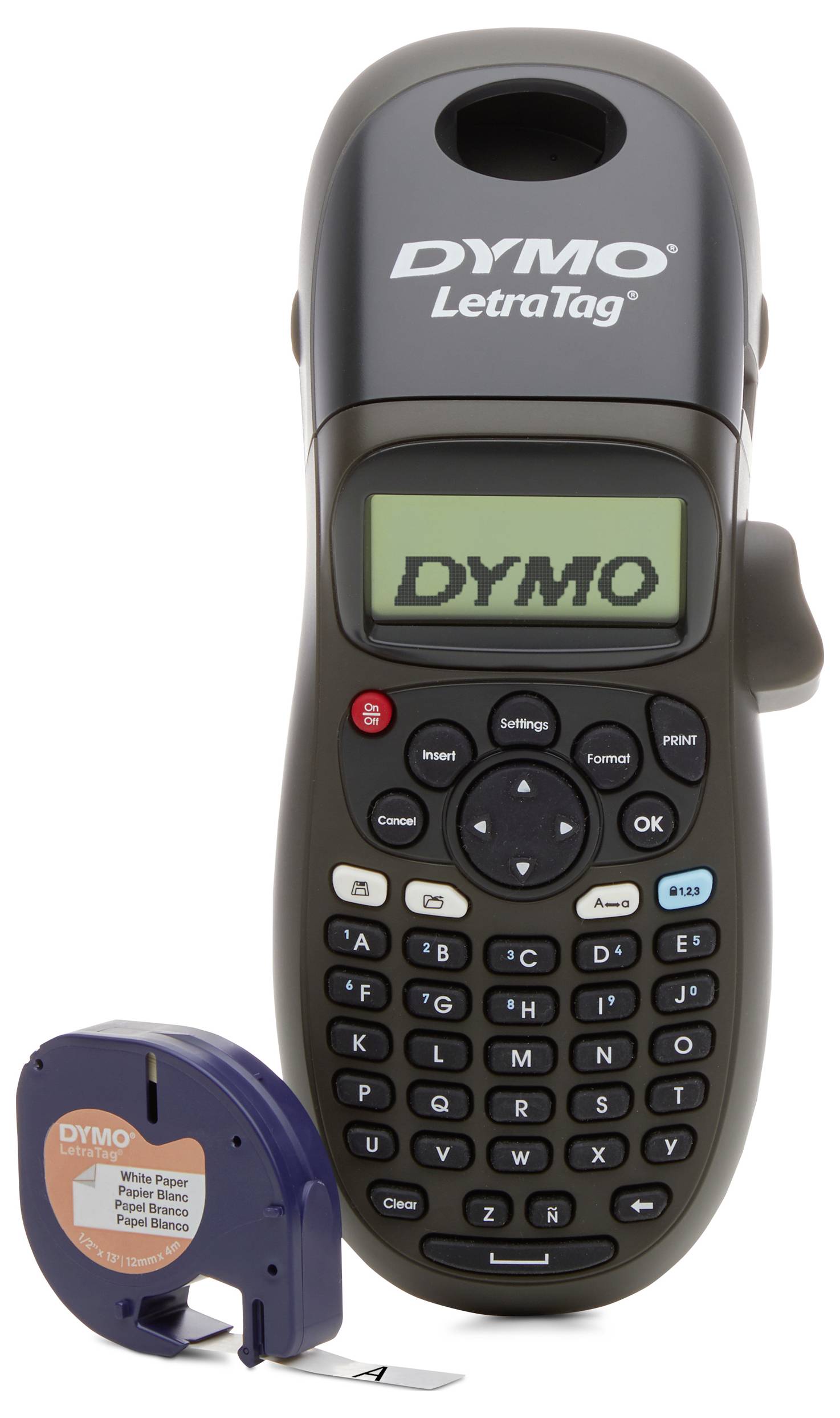 Een draagbare labelmaker met een display waarop 'DYMO' staat, knoppen en een aparte tapepatroon voor het afdrukken van labels.