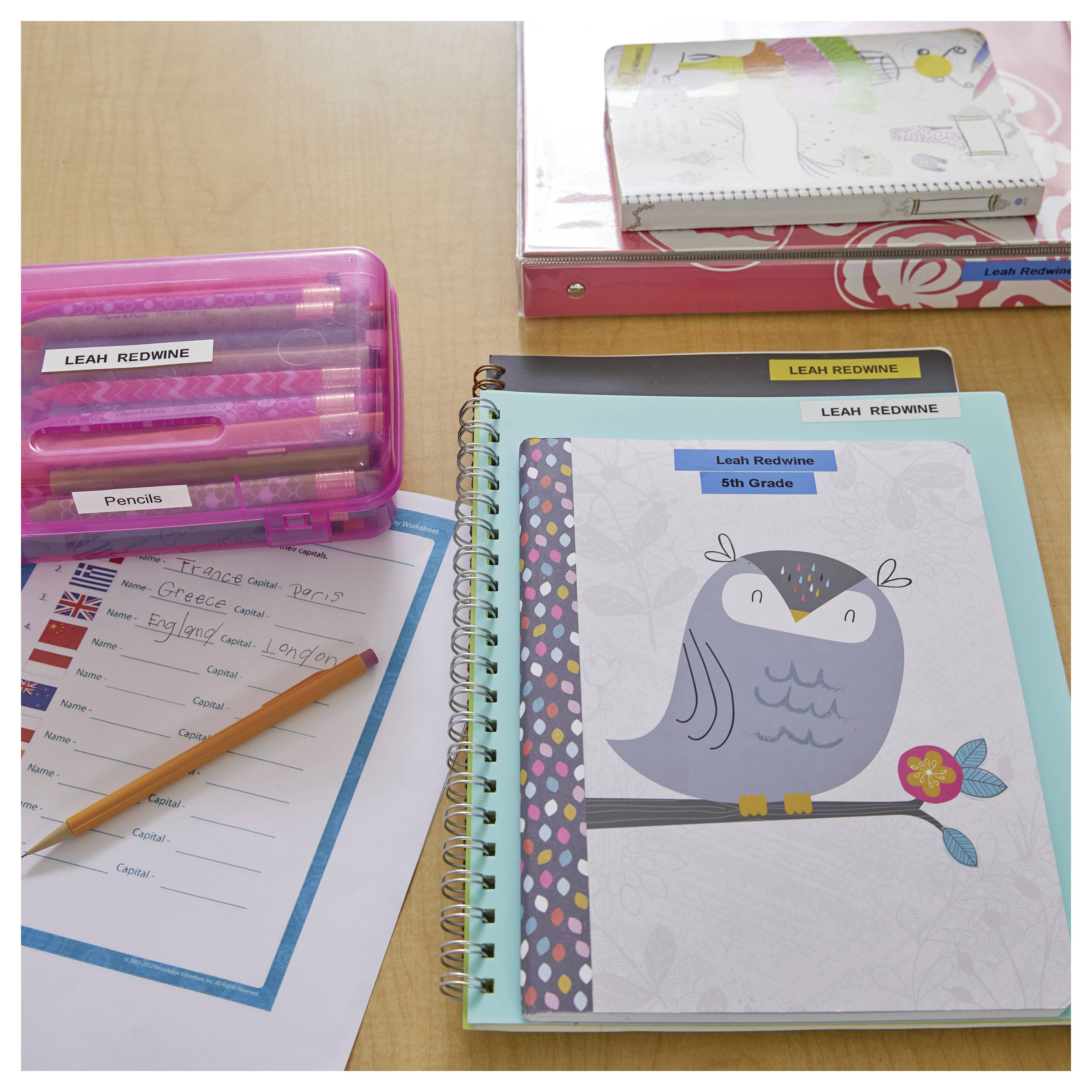 Een bureau met schoolspullen, inclusief een etui, schriften gelabeld met 'Leah Redwine', en een papier met de titel 'Reisplan naar Engeland'.