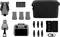 Drone-kit met componenten: drone, drie batterijen, een afstandsbediening, vier reservepropellers, ND-filters, een oplaadstation en een draagtas.