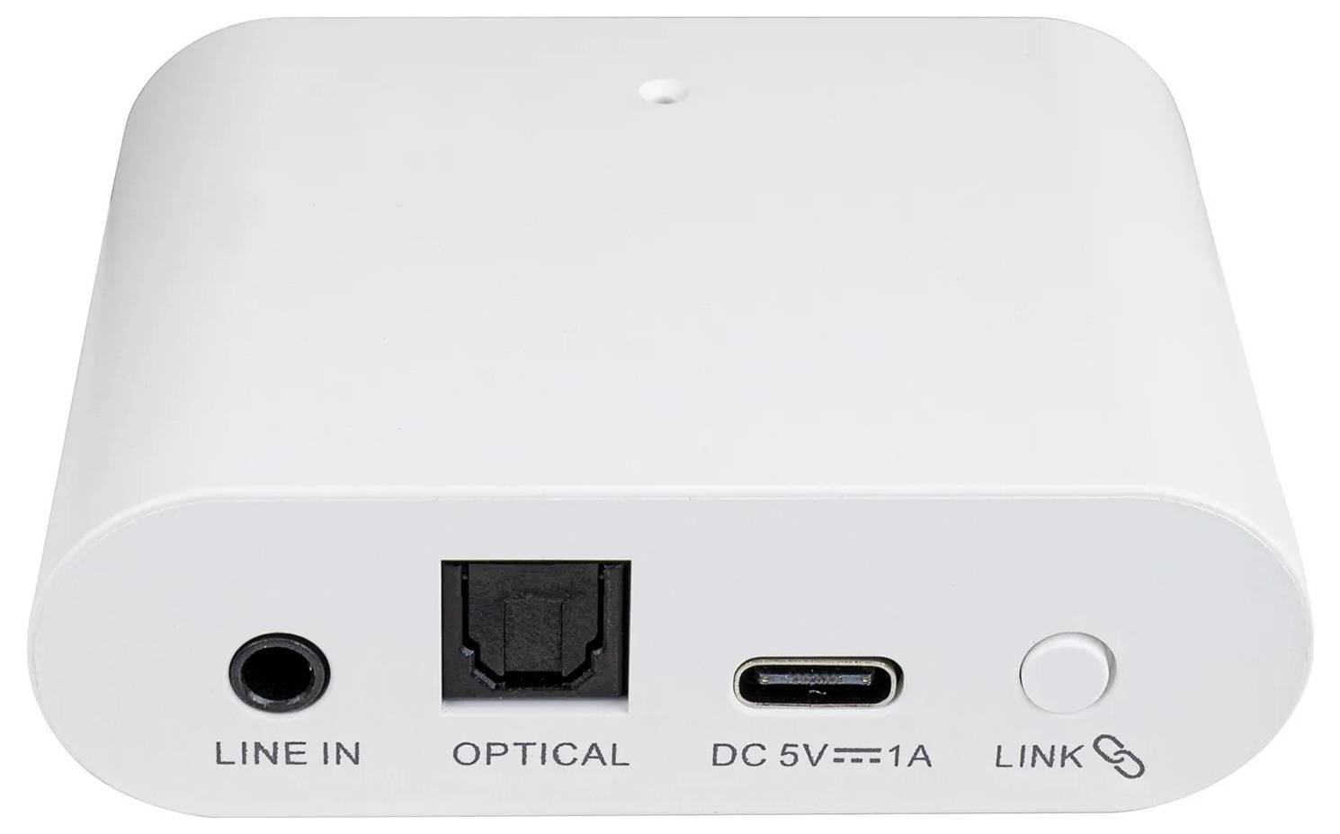 'Bluetooth Audio Ontvanger' apparaat met LINE IN, OPTICAL, DC 5V⎓1A poorten, en een LINK knop aan de voorkant.