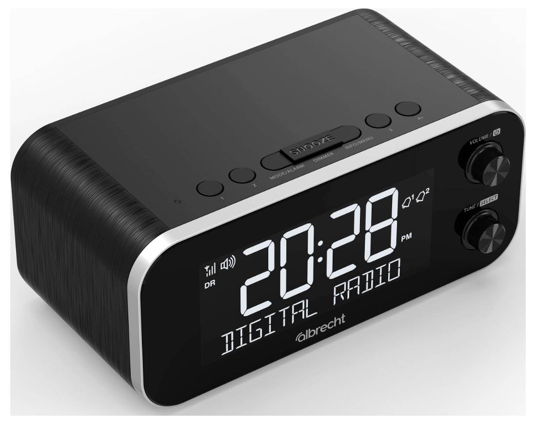 Een digitale radiowekker met '20:28' op het display. De voorkant heeft knoppen en een scherm dat de tijd, radiosignaalsterkte en 'DIGITALE RADIO' toont.