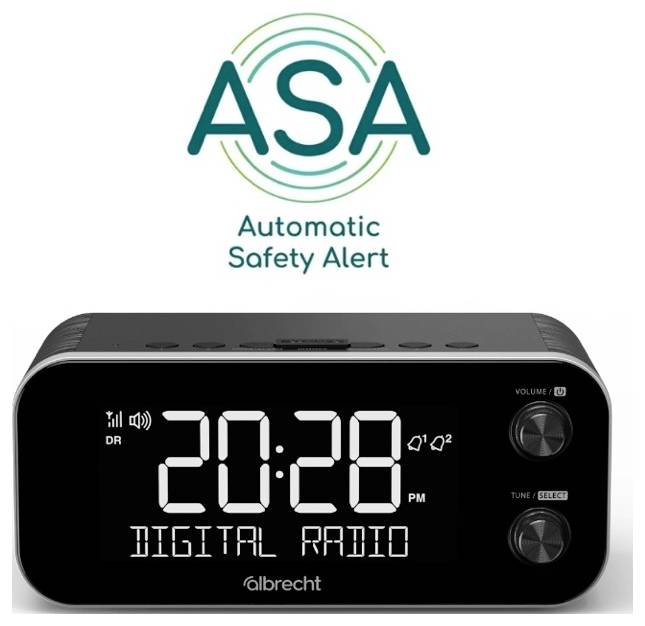 Elektronische klok met digitale weergave '20:28'. Daaronder staat 'Digital Radio'. Bovenaan is het logo 'ASA Automatic Safety Alert'.