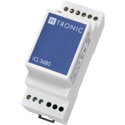 Een elektrisch apparaat met het label 'H Tronic ICL 3680' met meerdere aansluitpoorten op een witte behuizing en een blauw bovensectie.