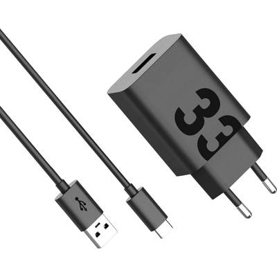 Een zwarte USB-C oplader met een USB Type-A naar USB-C kabel. De oplader is gelabeld met '33' en ontworpen voor Europese stopcontacten.
