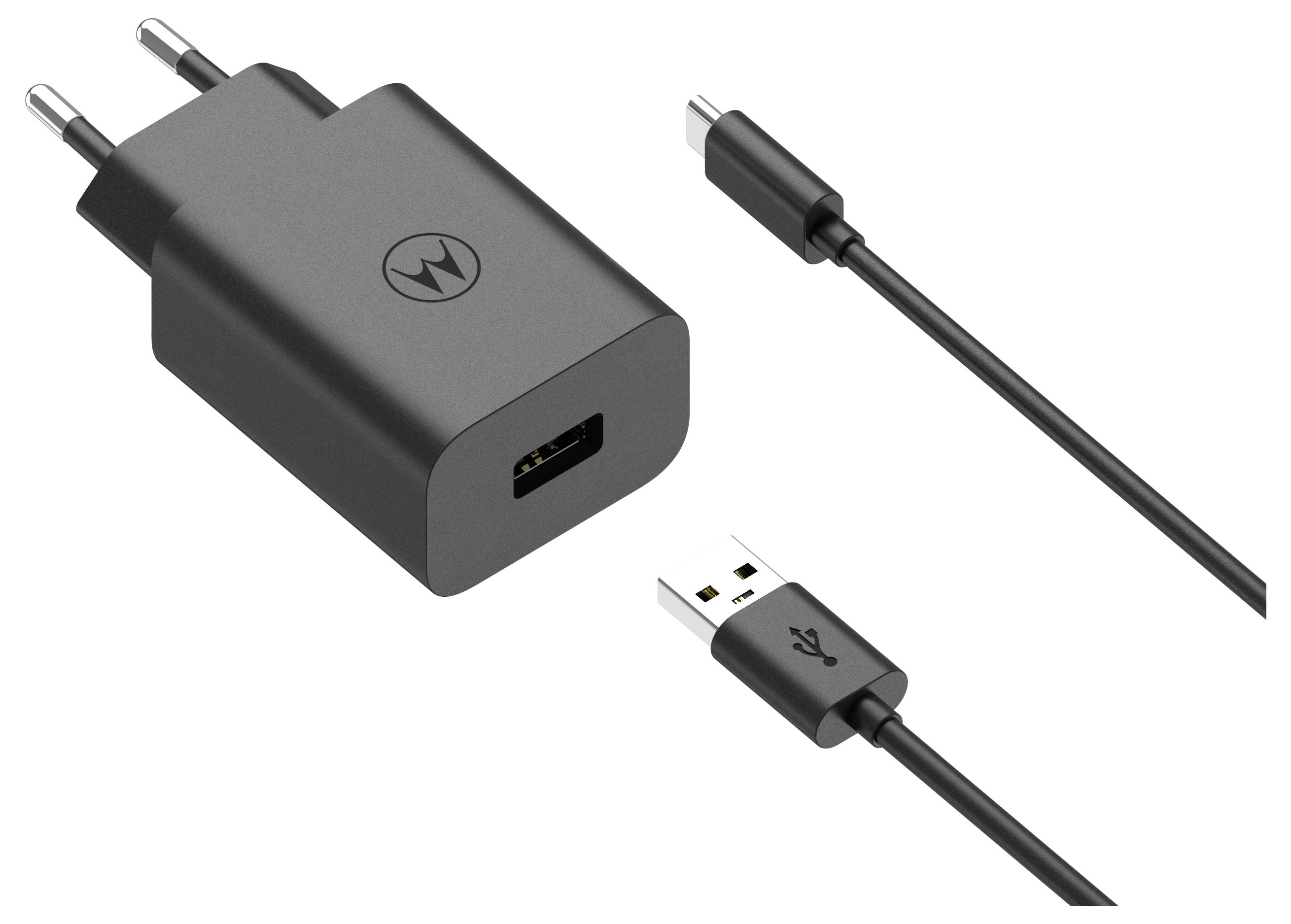 Een zwarte USB-wandlader met een USB-C-kabel en USB-A-stekker, voorzien van een logo op de oplader.