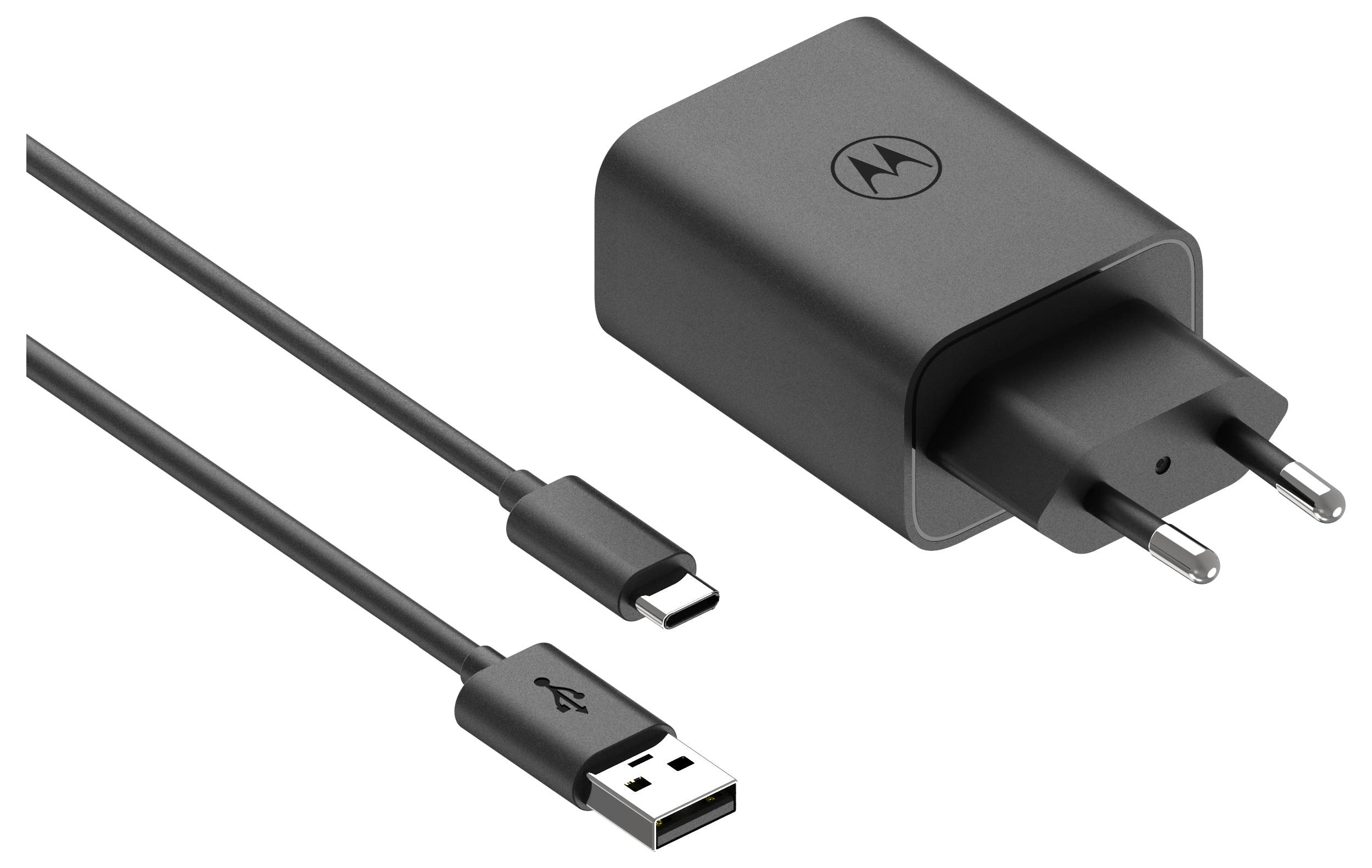 Een zwarte USB-wandoplader met een afneembare USB-C-kabel en een twee-polige stekker, geschikt voor het opladen van compatibele elektronische apparaten.