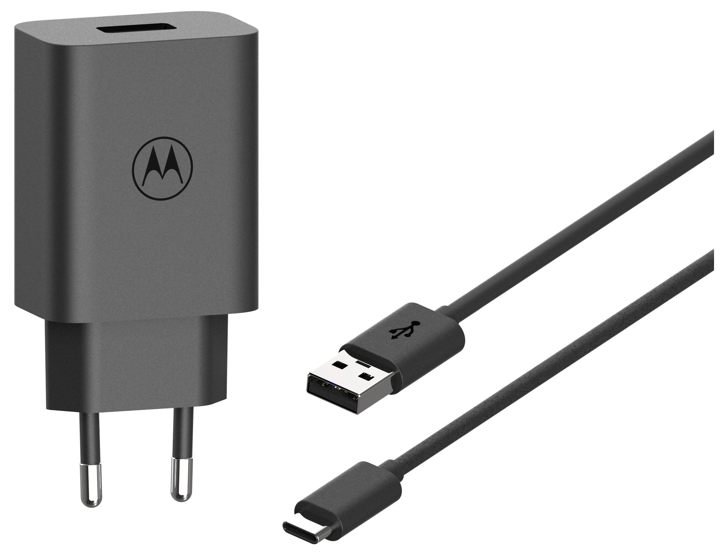 Een zwarte Motorola USB-oplader met een adapter en een USB-C-kabel, ontworpen voor het opladen van elektronische apparaten.