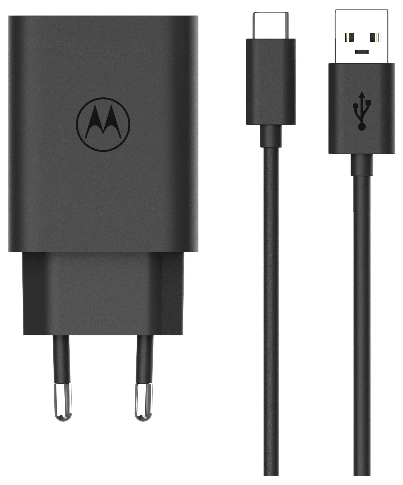 Zwarte Motorola oplader met USB-C en USB-A aansluitingen, ontworpen voor gebruik in wandcontactdoos.