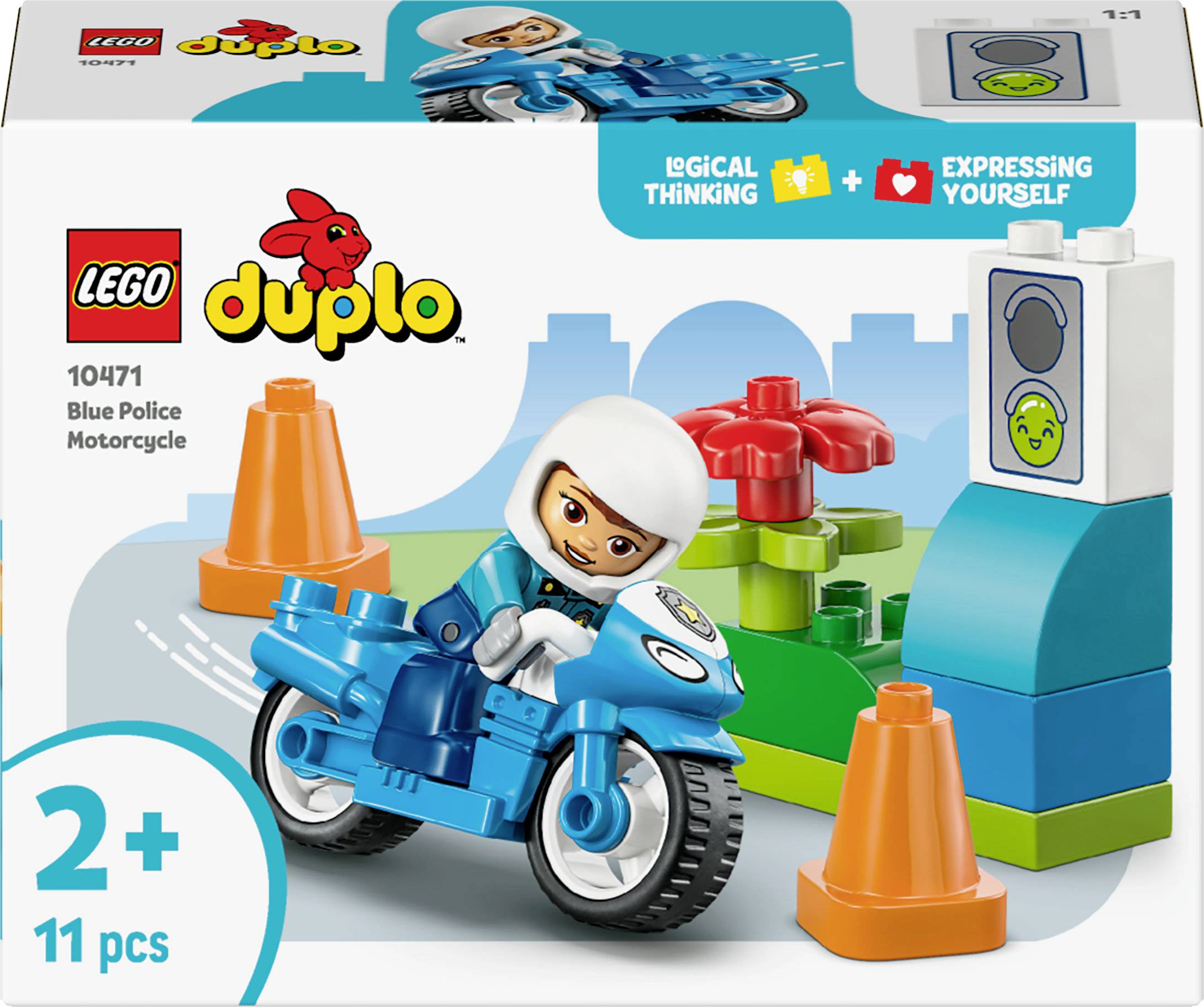 LEGO DUPLO Blauwe Politiemotor' speelgoedset voor kinderen van 2 jaar en ouder, bevat een politieagent op een blauwe motorfiets, verkeerskegels en wegaccessoires.