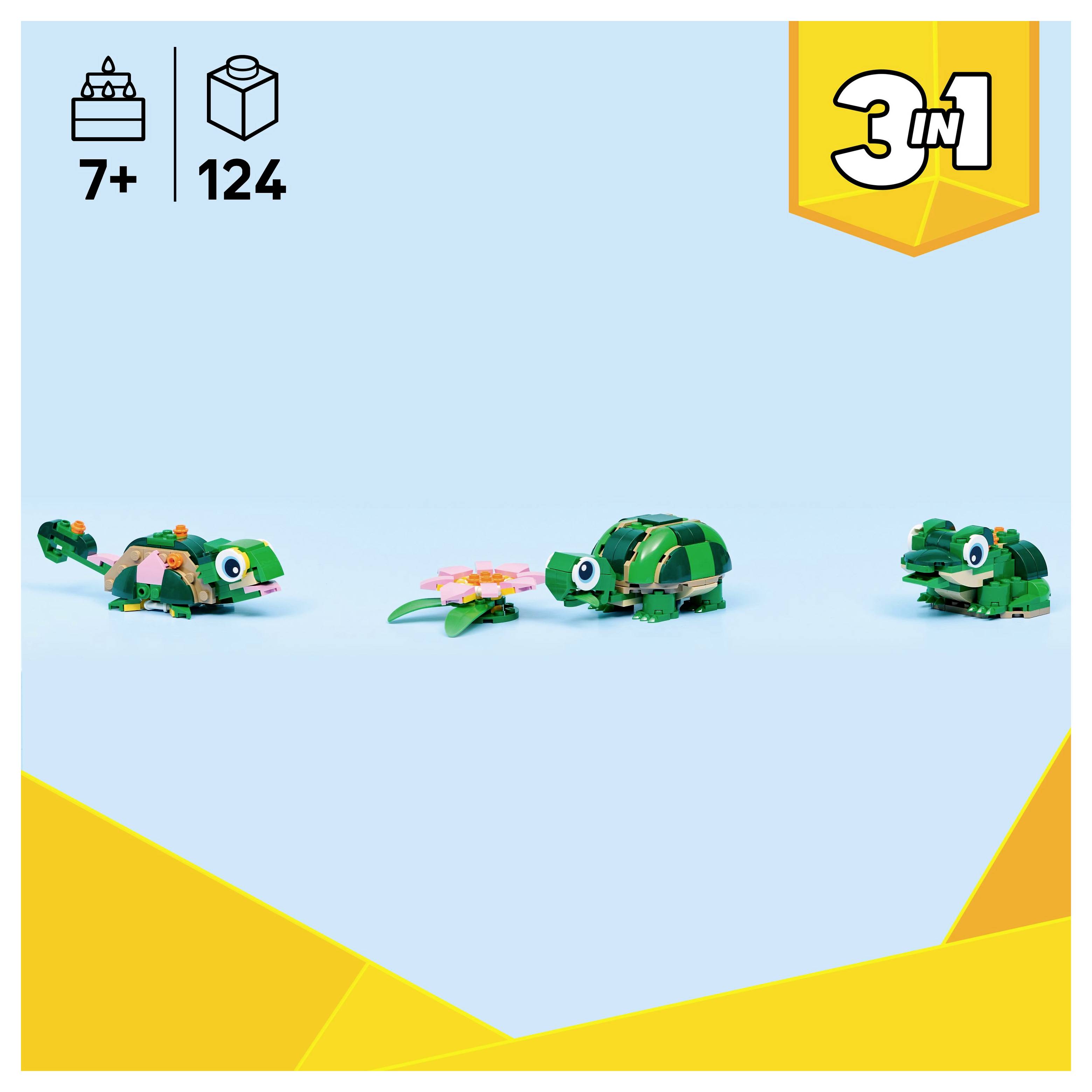 Een bouwbaar speelgoed set met drie verschillende schildpadmodellen op een lichtblauwe achtergrond. Bevat leeftijdsaanbeveling van 7+ en 124 onderdelen.