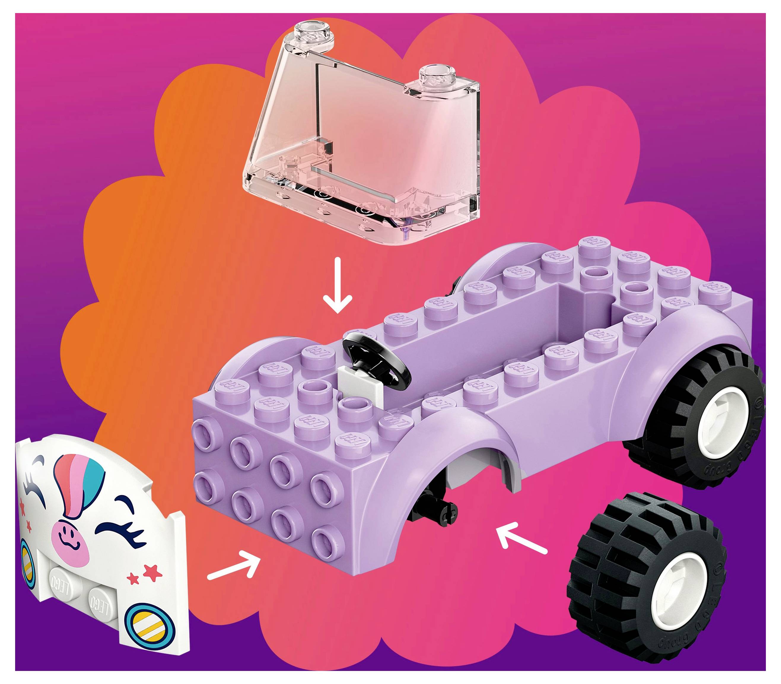 Illustratie van het assembleren van een speelgoedauto met een paarse carrosserie, zwarte banden, een transparante voorruit, en een voorkant met een eenhoorngezichtsontwerp. Gebruik pijlen om de montage te begeleiden.