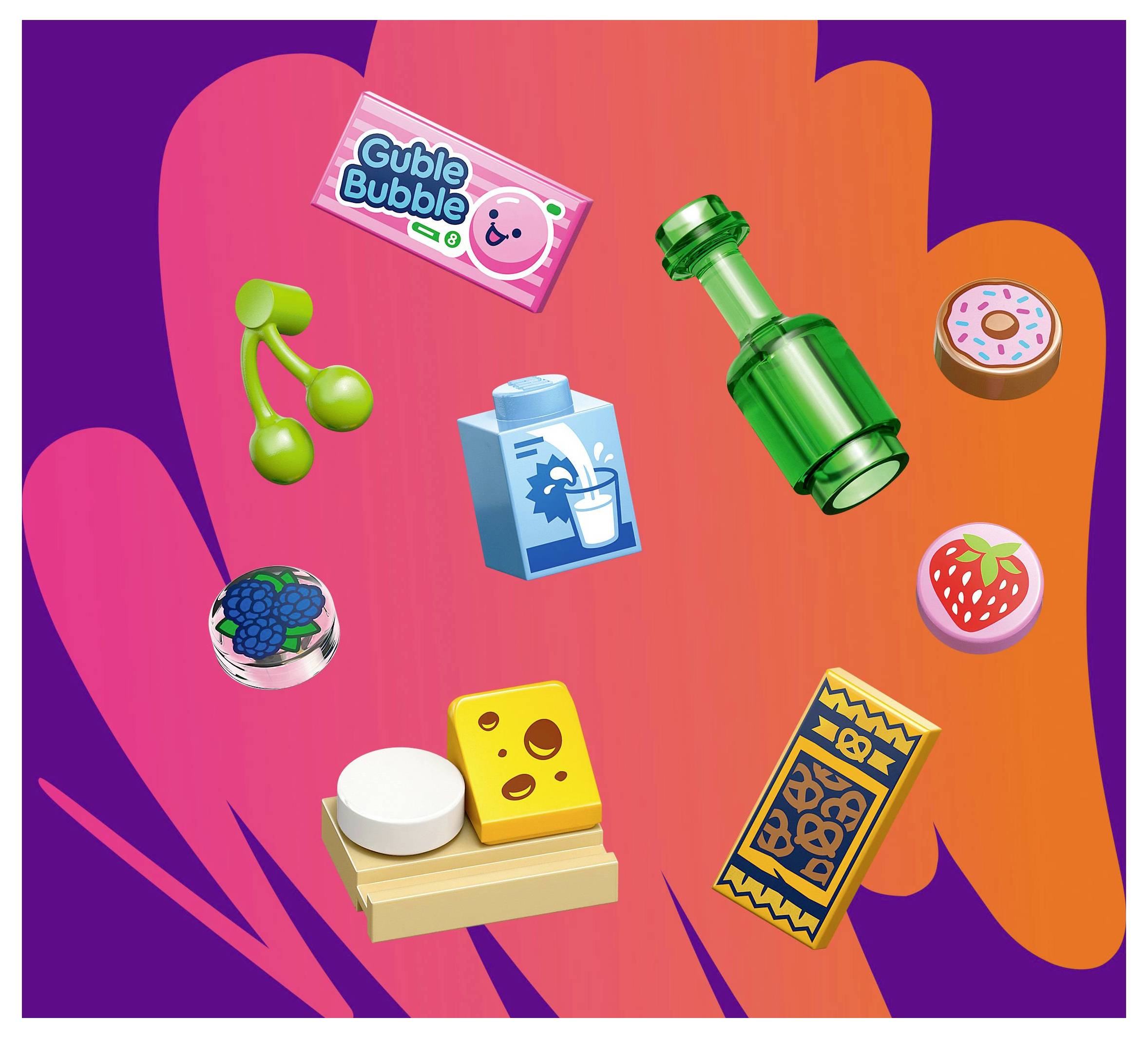 Een kleurrijke illustratie met verschillende speelse items: een kauwgomverpakking, groene fles, kersen, melkpak, koekje, bes, kaas en aardbei op een levendige roze-paarse achtergrond.