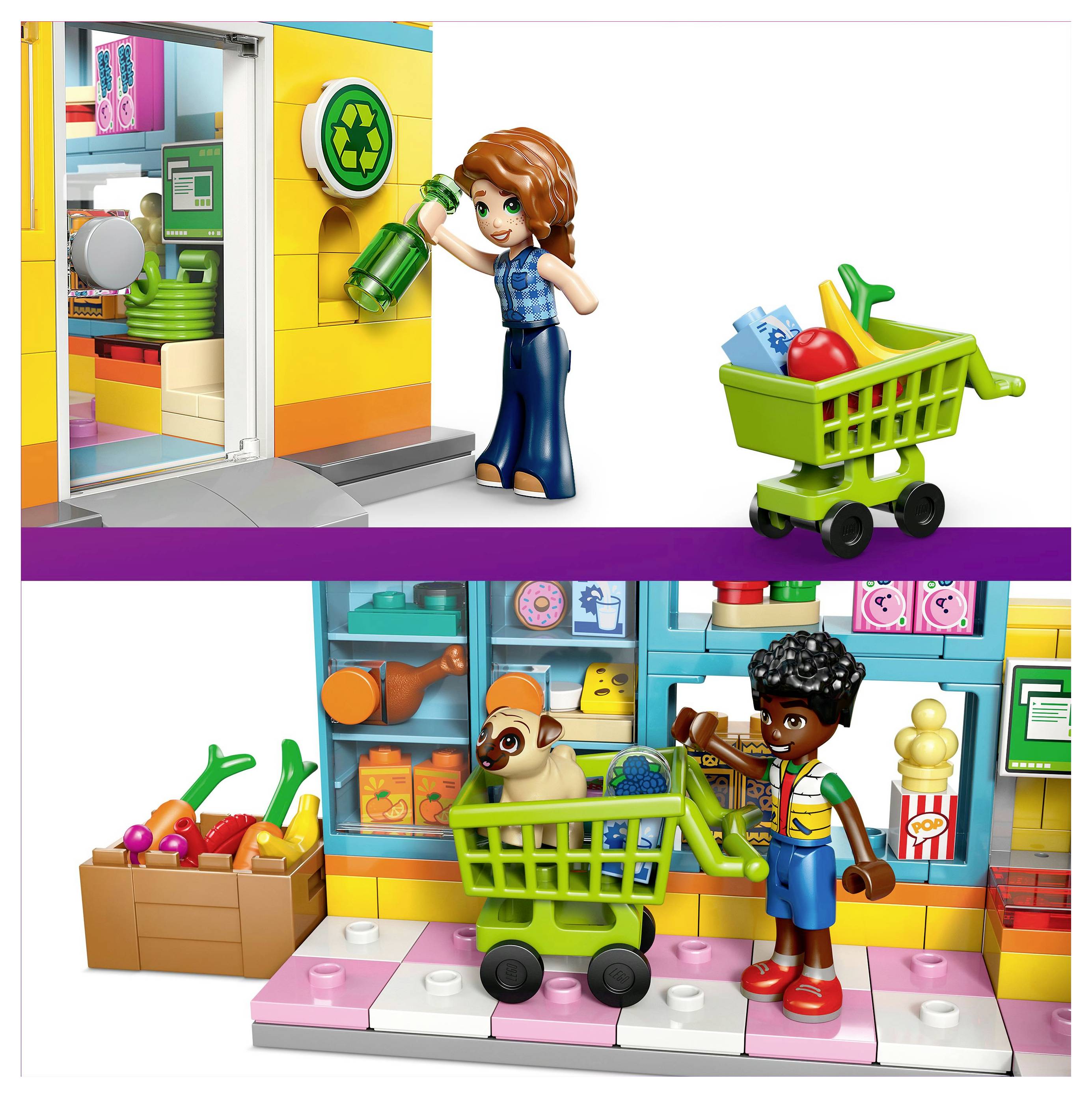 Kinderen die spelen in een kleurrijke kruidenierszaak gemaakt van blokken; één kind is aan het recycleren, anderen winkelen met karretjes gevuld met speelgoed boodschappen.