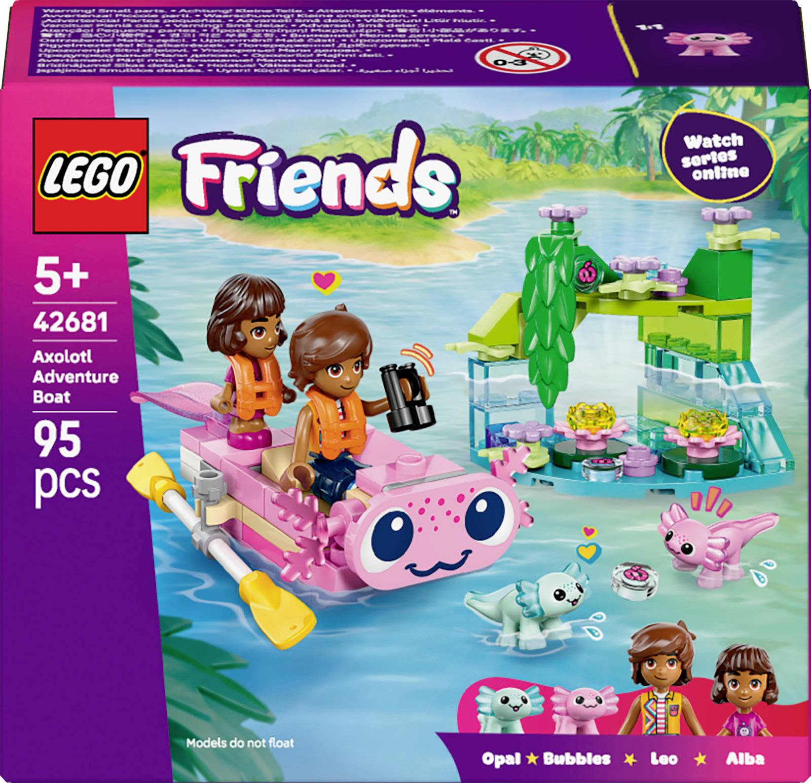 Lego Friends-doos met twee personages op een axolotl-themaboot, met decoratieve axolotls in de buurt. Set gelabeld als 'Axolotl Avontuurboot'.