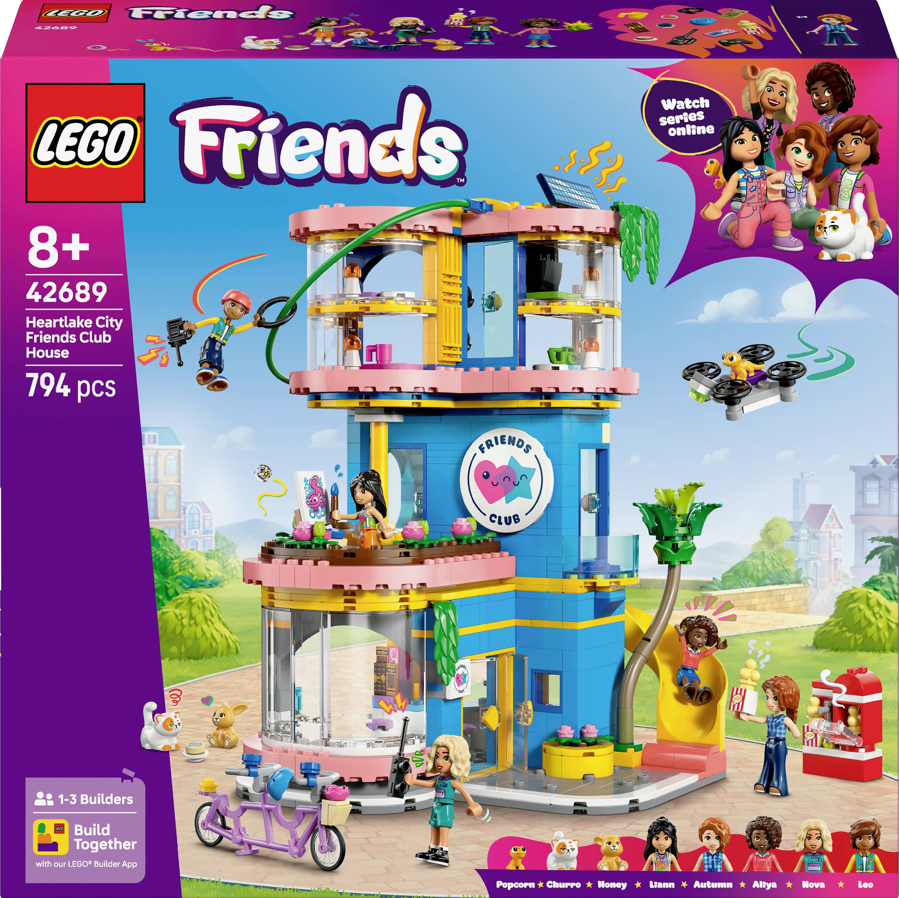 LEGO Friends set met een kleurrijk, drielaags gebouw inclusief personages en accessoires. Bevat 794 onderdelen, geschikt voor kinderen van 8 jaar en ouder.
