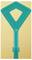 Een turquoise, ruitvormige vliegenmepper met een holle kern tegen een effen gele achtergrond.