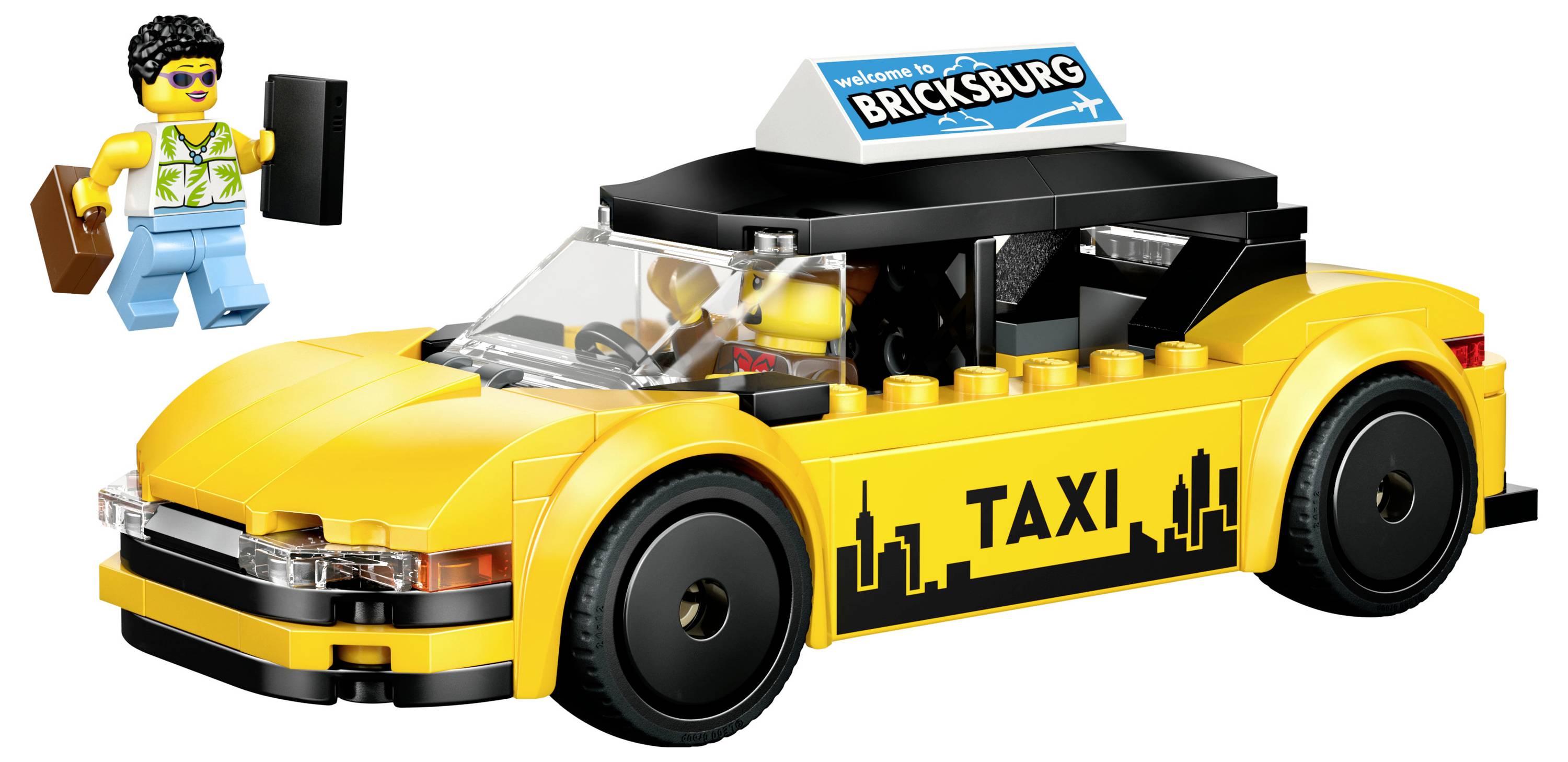 Een gele speelgoed-taxi met 'TAXI'-tekst en een stadssilhouet aan de zijkant. Het bevat een LEGO-poppetje met een aktetas en een zwart voorwerp.