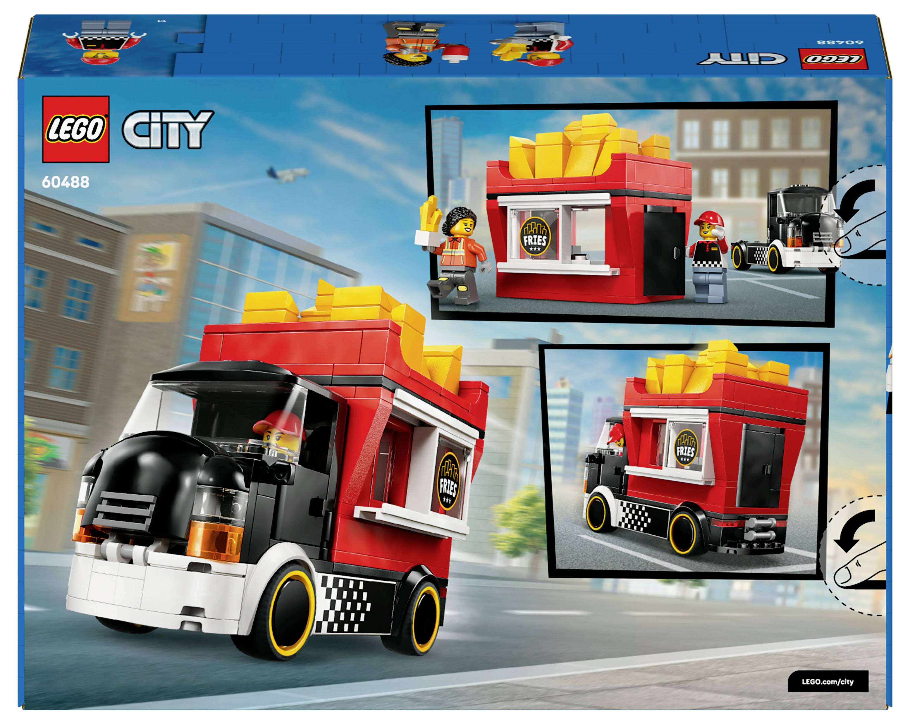 'Lego City 60488 Foodtruck' set doos met afbeeldingen van de speelgoed-truck, een poppetje dat eten serveert, en een kleurrijke stadsachtergrond.