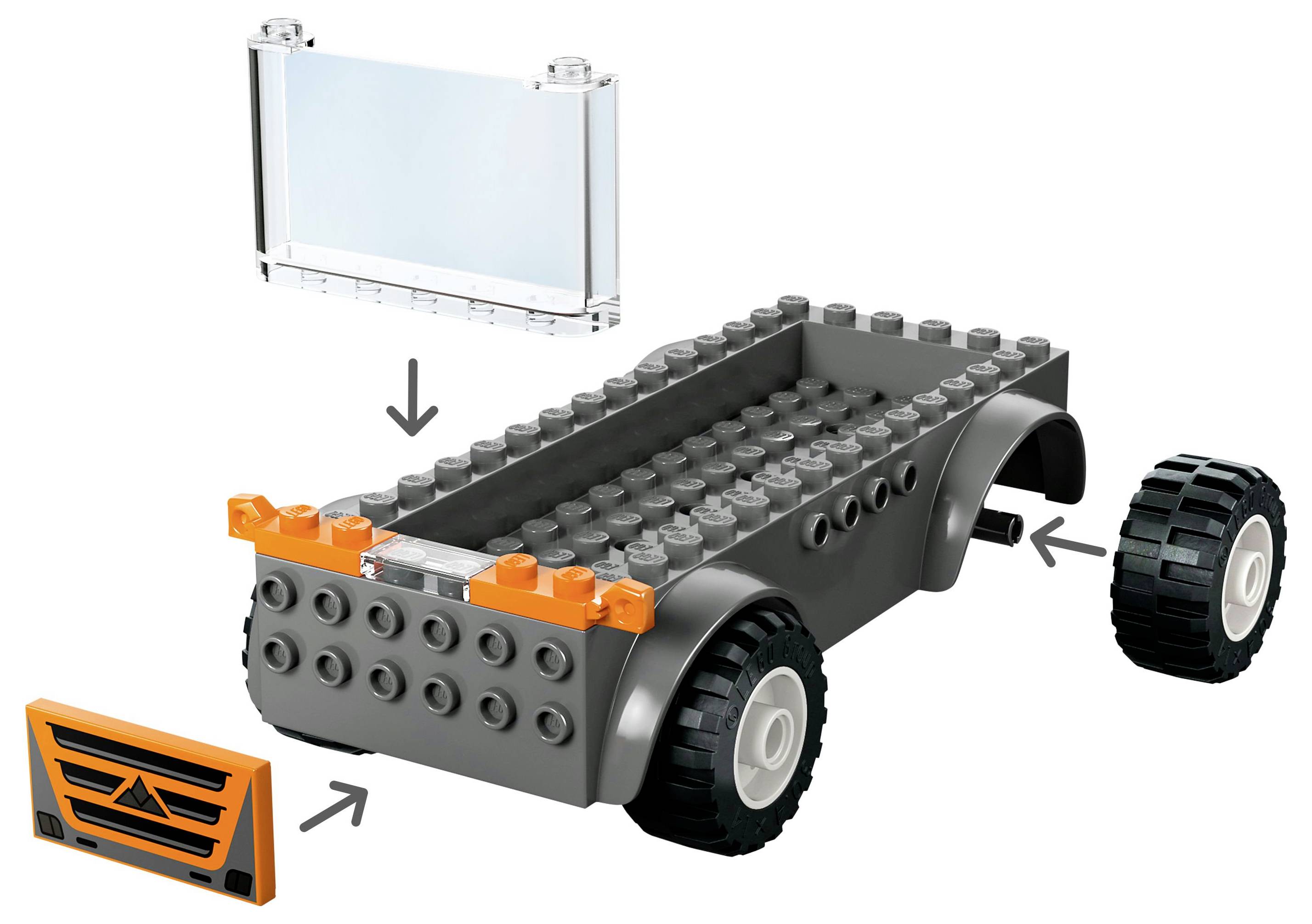 'Lego-auto-onderdelen verschijnen gedeeltelijk gemonteerd, inclusief een basis met wielen, een voorruit en een decoratieve voorplaat.'