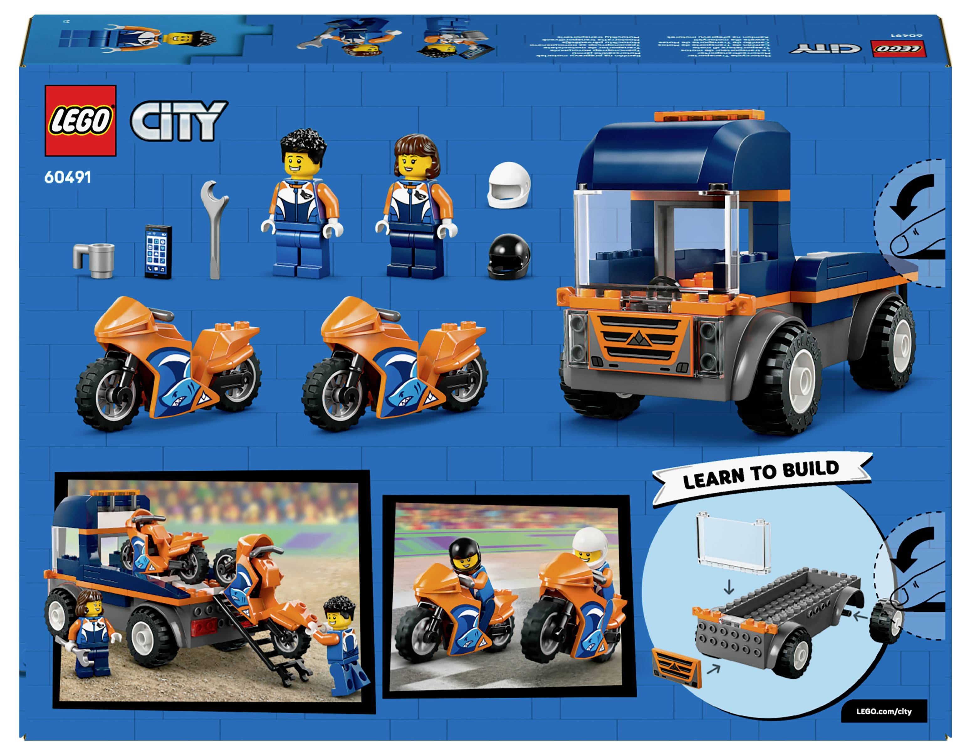'LEGO City'-doos toont twee motorfiets-minifiguren, helmen, een sleepwagen en gereedschappen. Inzetjes tonen 'Leren Bouwen'-instructies.