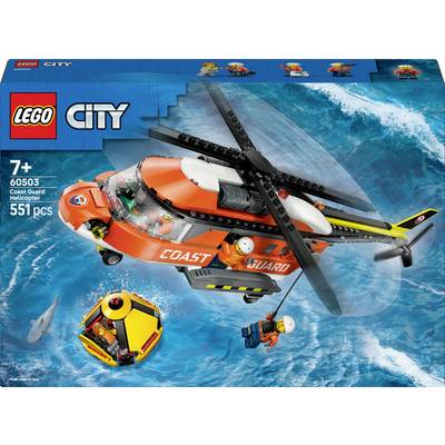 'LEGO City Kustwacht Helikopter' set voor leeftijd 7+, bevat 551 onderdelen. Scène toont een helikopter die een persoon redt uit een reddingsvlot op zee.