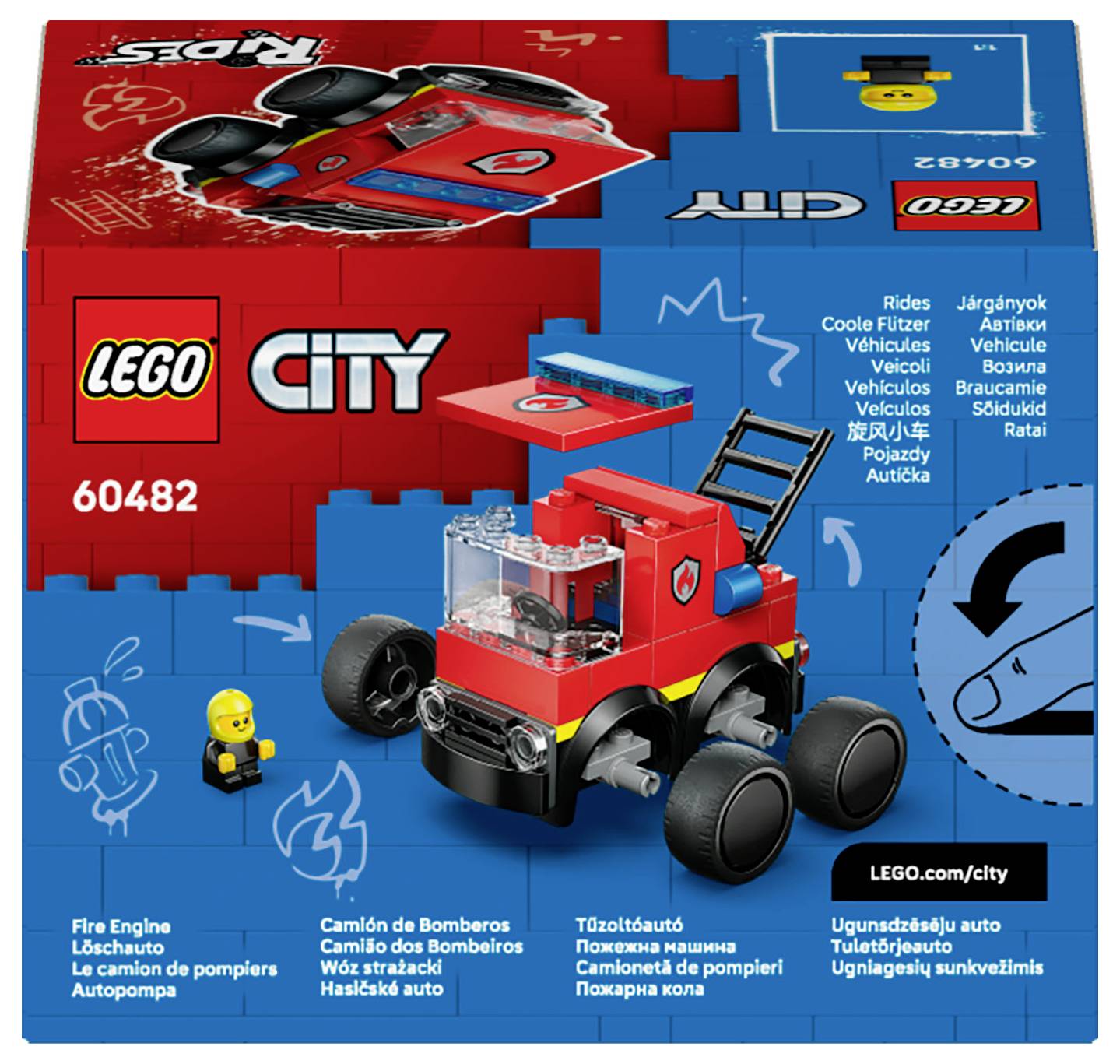 LEGO City set 60482 doos waarop een rode brandweerwagen speelgoed met grote zwarte wielen staat afgebeeld. Bevat een minifiguur en bouwhandleiding.