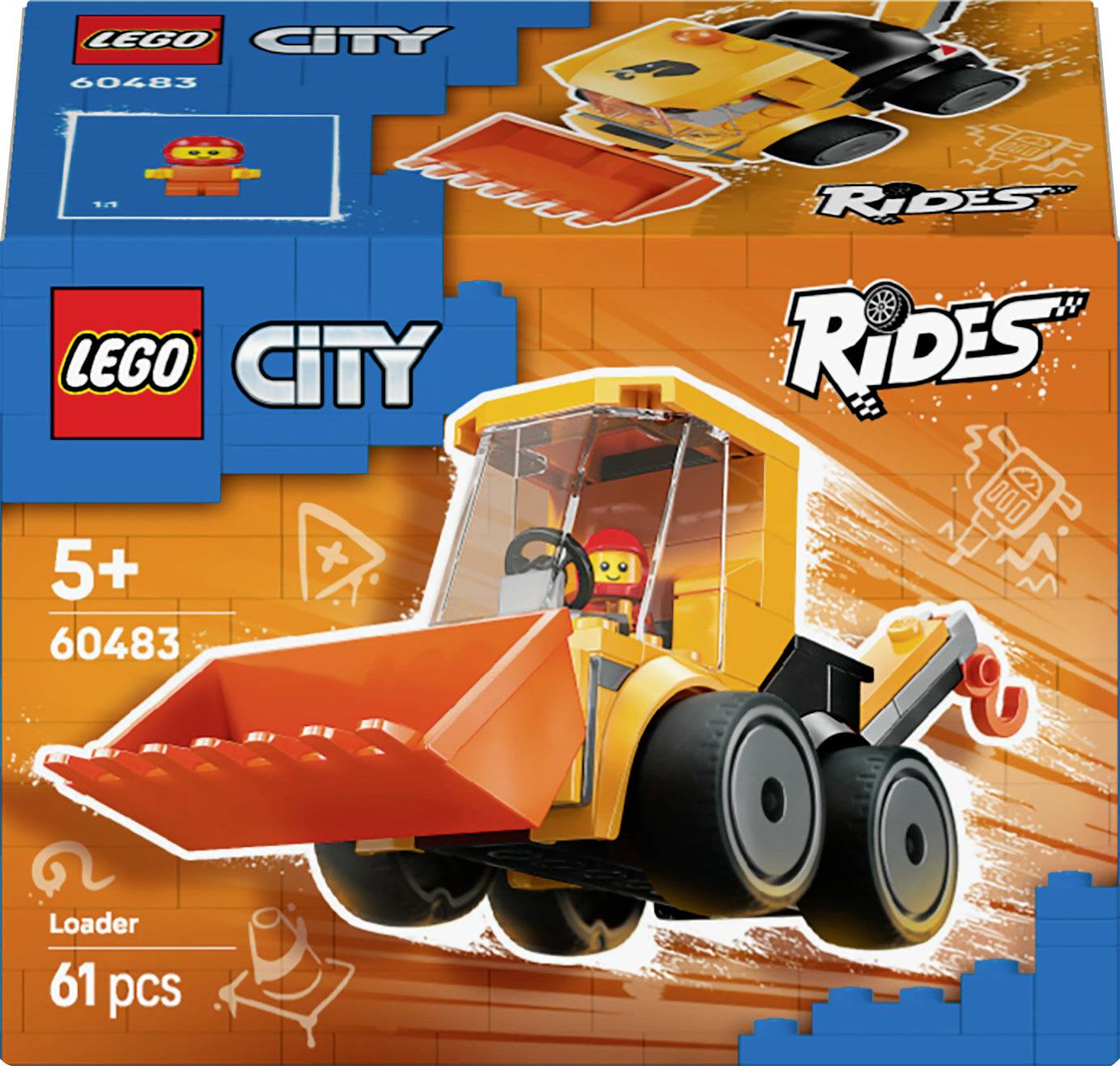 LEGO City set 60483 doos met een speelgoedlader model met een bestuurder, gelabeld 'Voertuigen', geschikt voor leeftijd 5+, bevat 61 onderdelen.