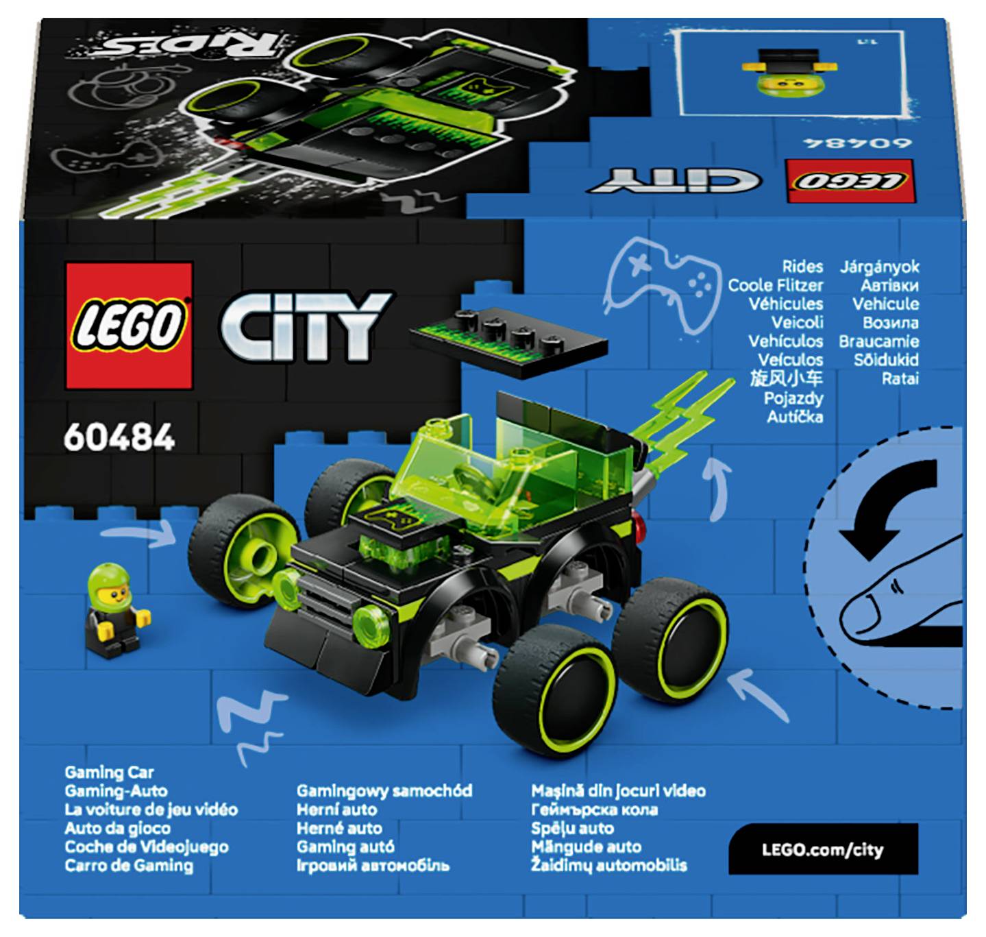 De afbeelding toont een LEGO City set doos met een speelgoed racewagen met groene en zwarte onderdelen, gelabeld als 'LEGO City 60484 Racewagen'.