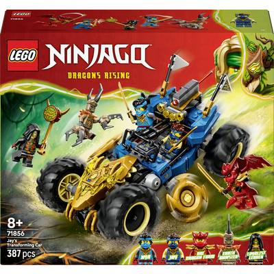 LEGO Ninjago doos met 'Jay's Transformerende Auto', 387 onderdelen, geschikt voor leeftijd 8 jaar en ouder. Bevat Jay en voertuigset uit 'Dragons Rising'.