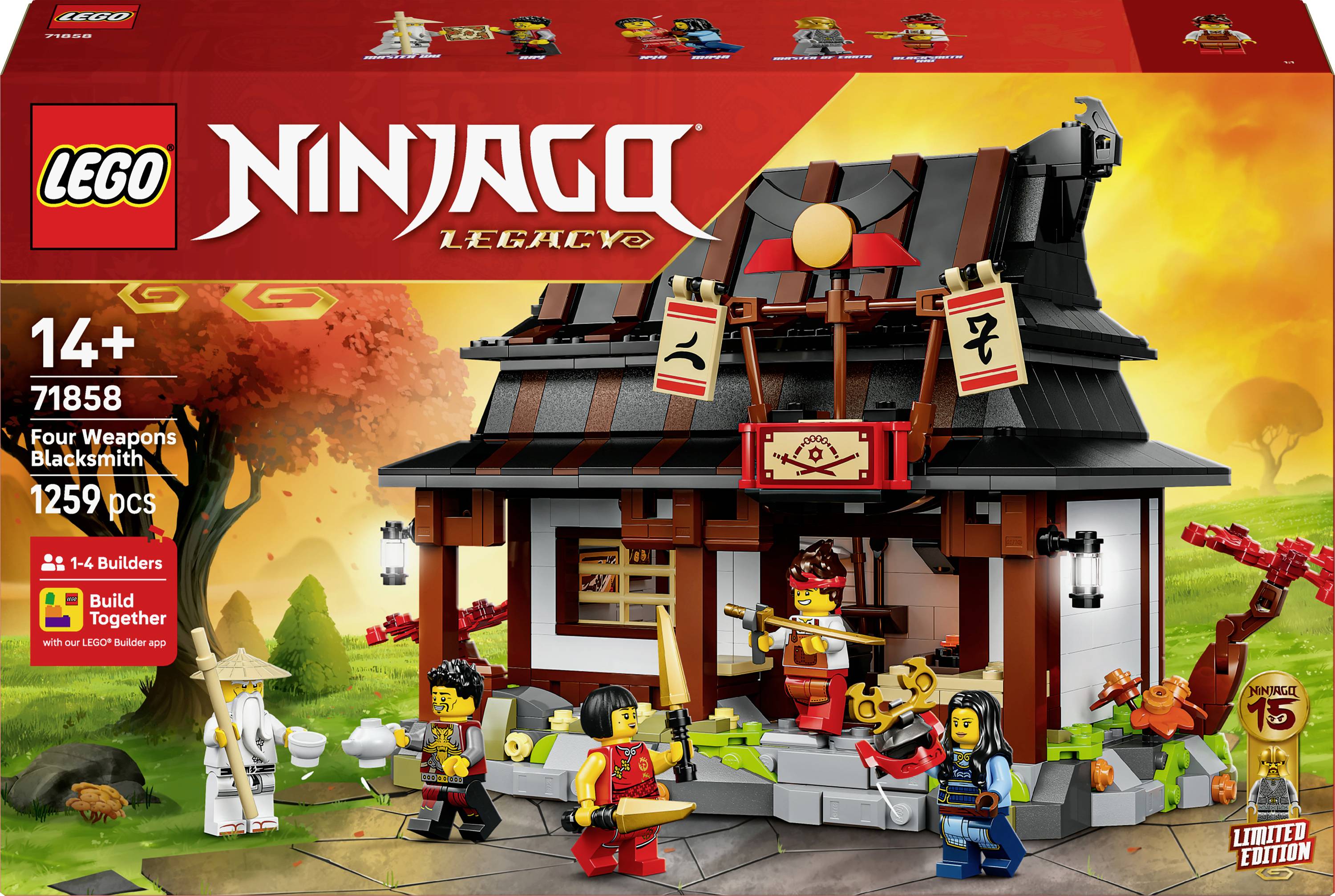 Een LEGO Ninjago-set, 'Smederij van Vier Wapens', geschikt voor leeftijd 14+, bevat 1259 onderdelen. De set toont een Japans-stijl gebouw met vier minifiguren.