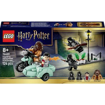 LEGO-set doos met Hagrid en Harry Potter op een motor, met Dementors die hen achtervolgen. Set is geschikt voor leeftijd 8+, met 124 onderdelen.