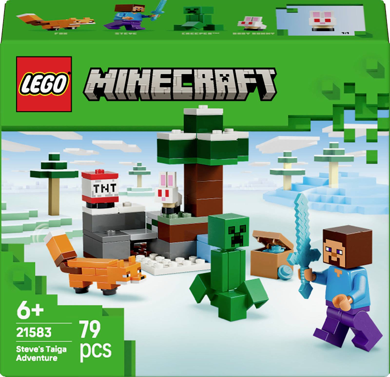 Lego Minecraft set-doos met 'Steve's Taiga Avontuur' met minifiguren van Steve, een creeper, een vos en een boom. Bevat 79 onderdelen.