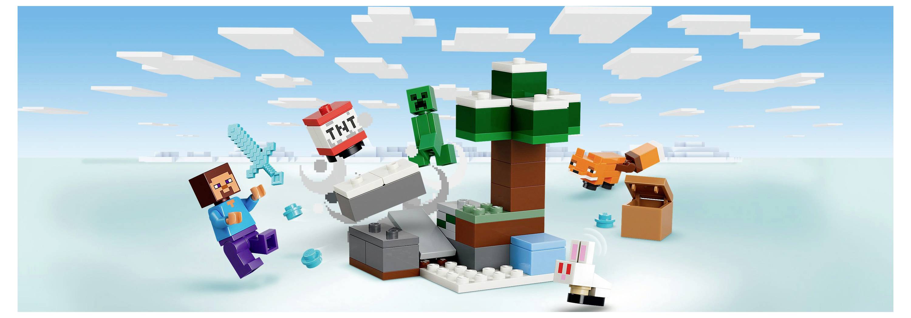 'Een LEGO-poppetje met een zwaard, een TNT-blok en een boom in een winters landschap. Een vos en een konijn zijn in de buurt.'