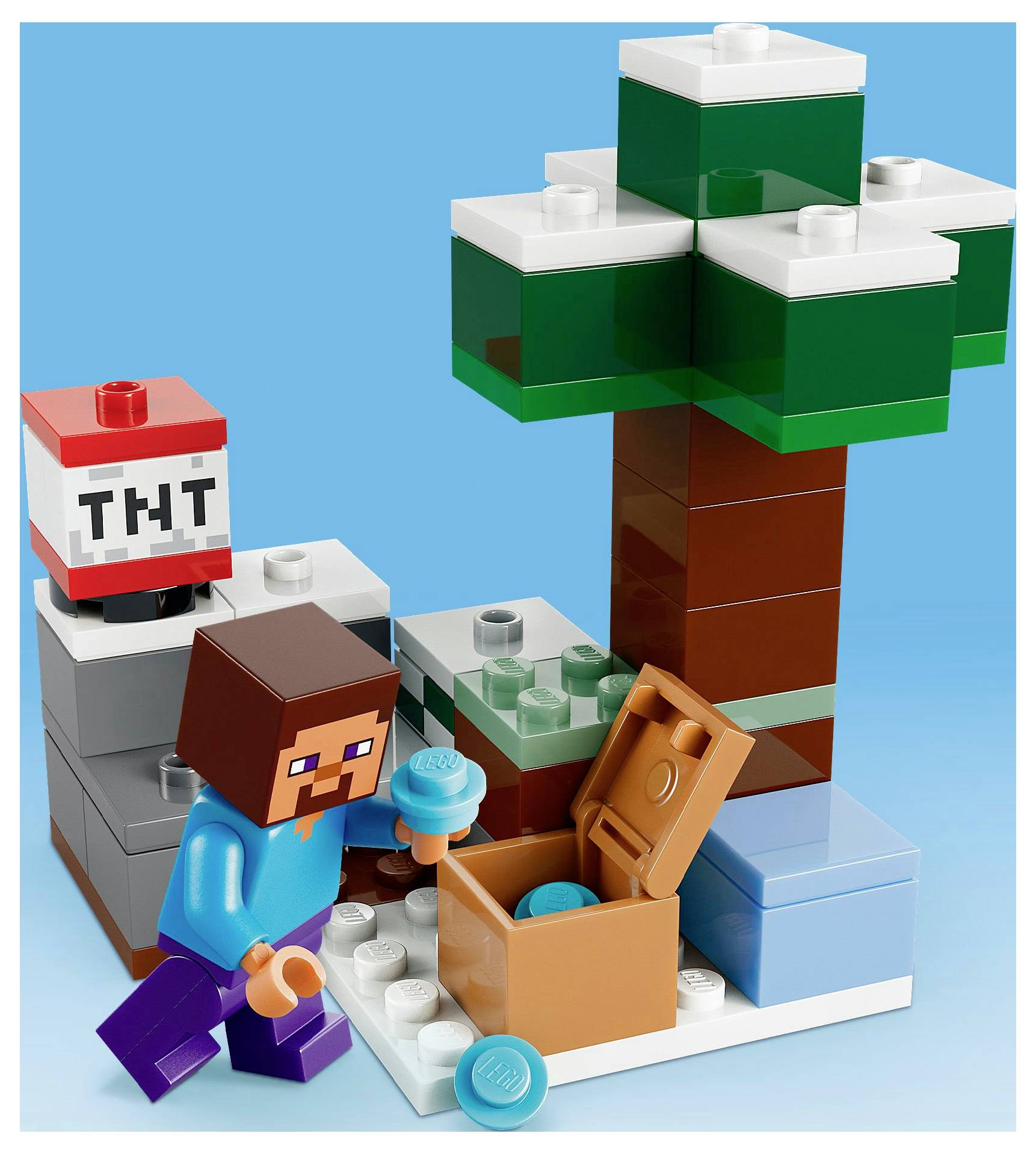 Een blokkerig personage in een blauw shirt en paarse broek staat naast een schatkist met een blauw voorwerp, naast een boom en een TNT-blok.