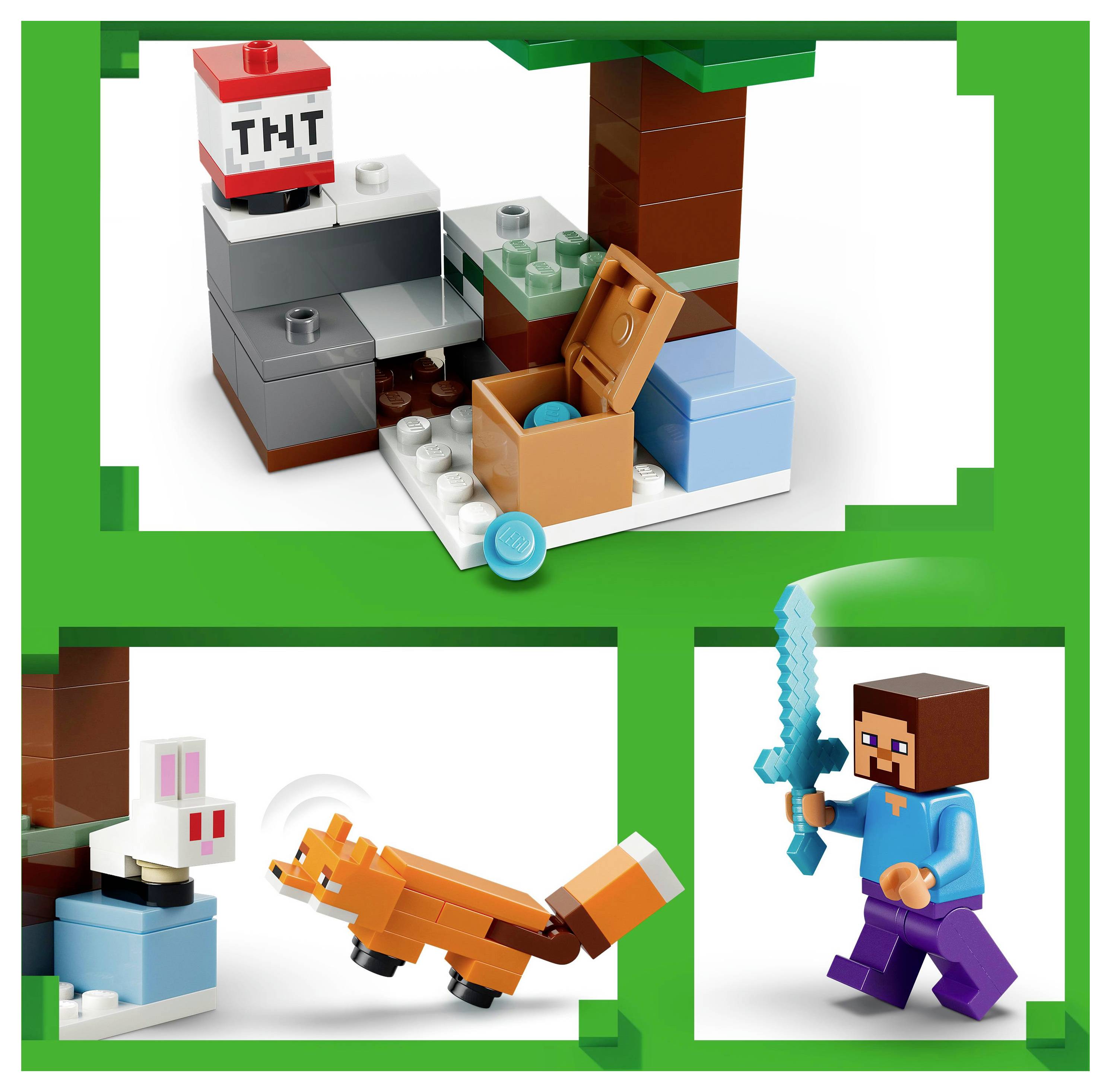 Lego-set met Minecraft-personages: Steve met een zwaard, een vos, een konijn en een TNT-blok naast een boom en een kist.
