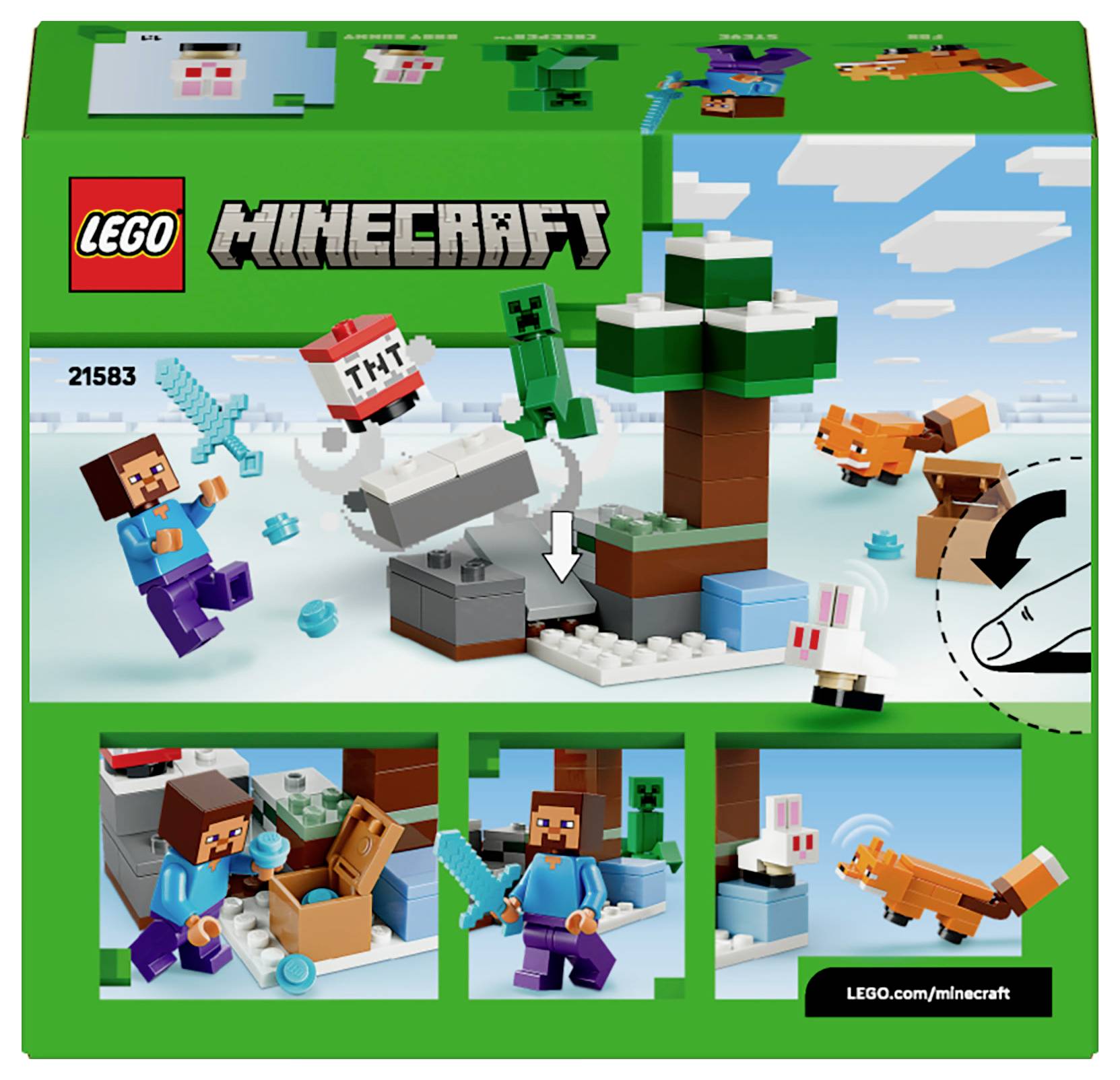 'Lego Minecraft-set doos met een blokkerig personage, een boom, een TNT-blok en een vos in een Minecraft-achtige scène. Inclusief bouwhandleiding.'
