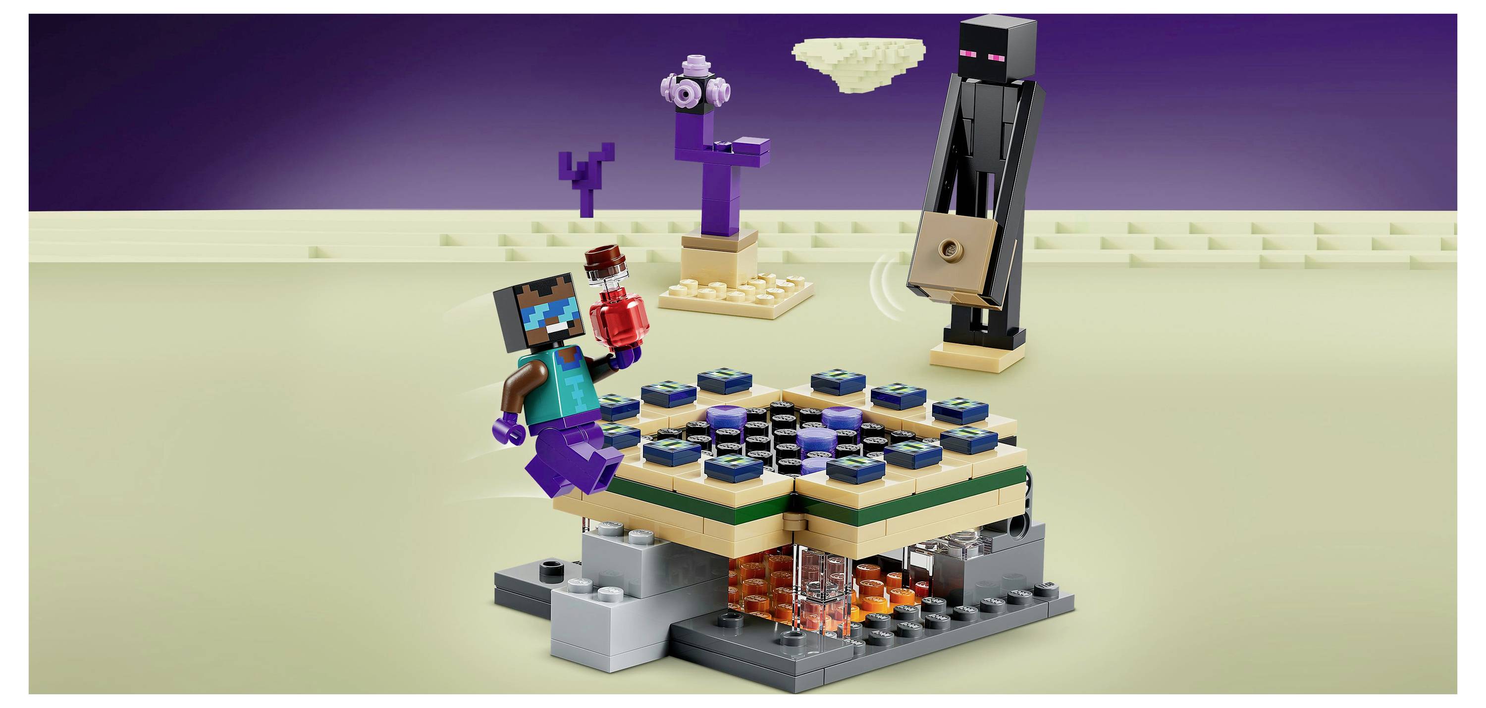 Een Lego-scène waarbij een blokkerig personage op een platform springt met een drankje, tegenover een lange, zwarte figuur in een woestijnachtige omgeving.