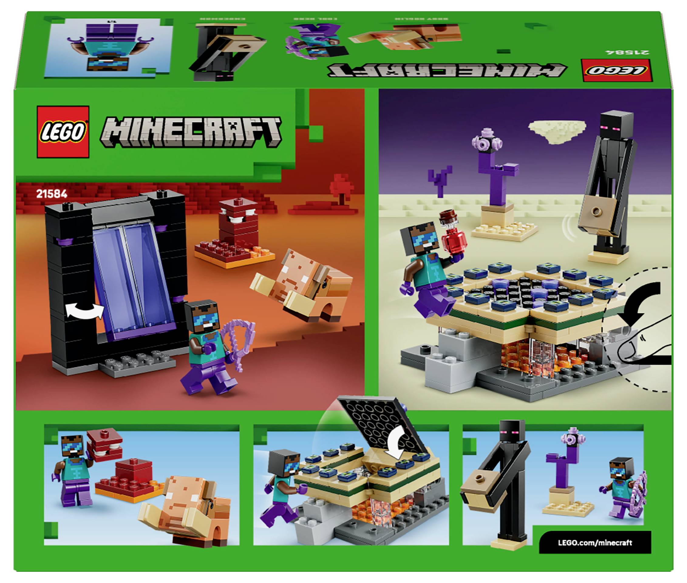 LEGO Minecraft-set met een portaal, karakterfiguren en accessoires in een woestijnlandschap, met dynamische bouw- en speelelementen.