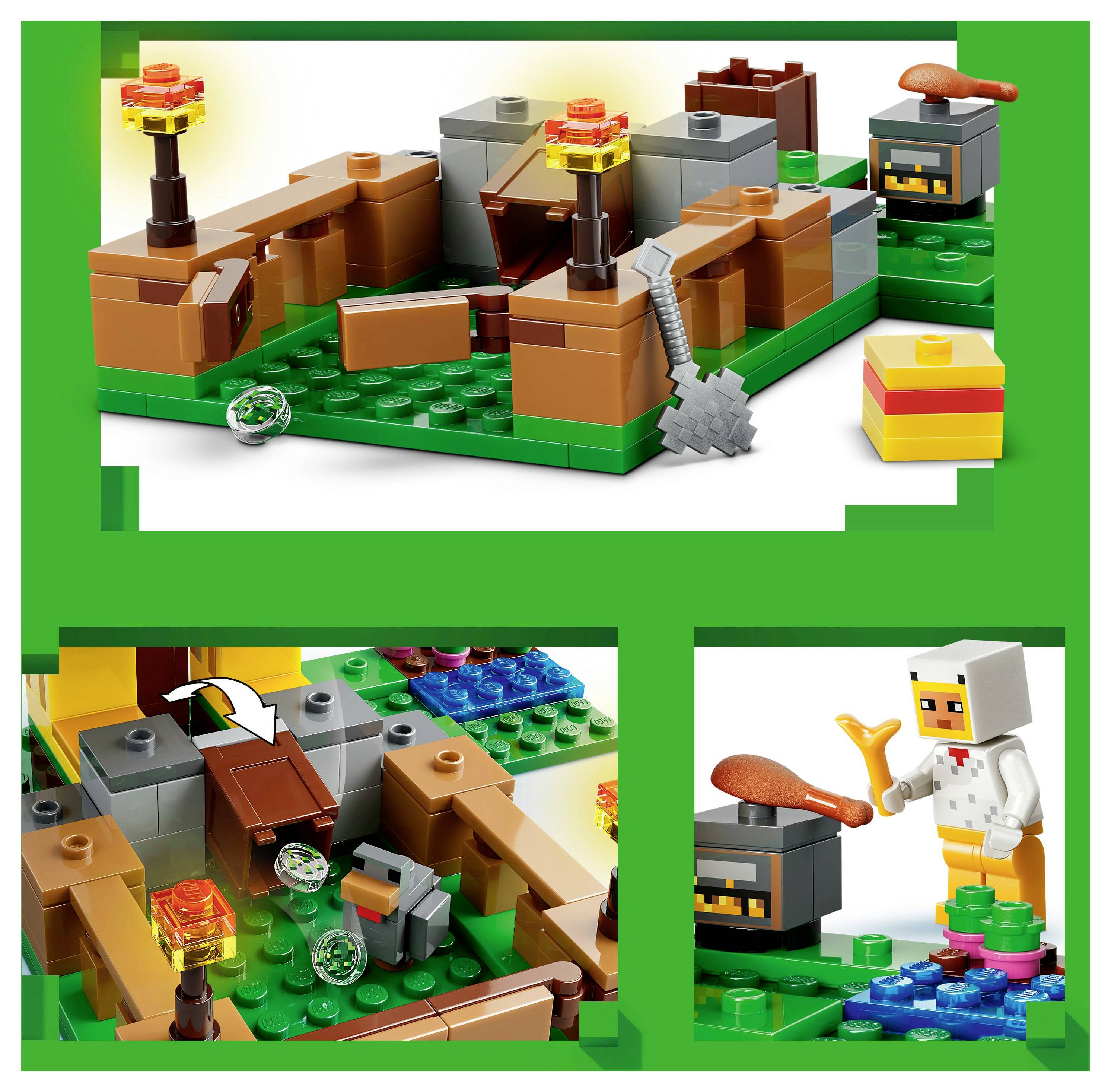 Lego-set die een Minecraft-scène voorstelt met een figuur in een kippenkostuum, een met fakkels verlichte grot, en blokken die op gebakken kip en een kist lijken.