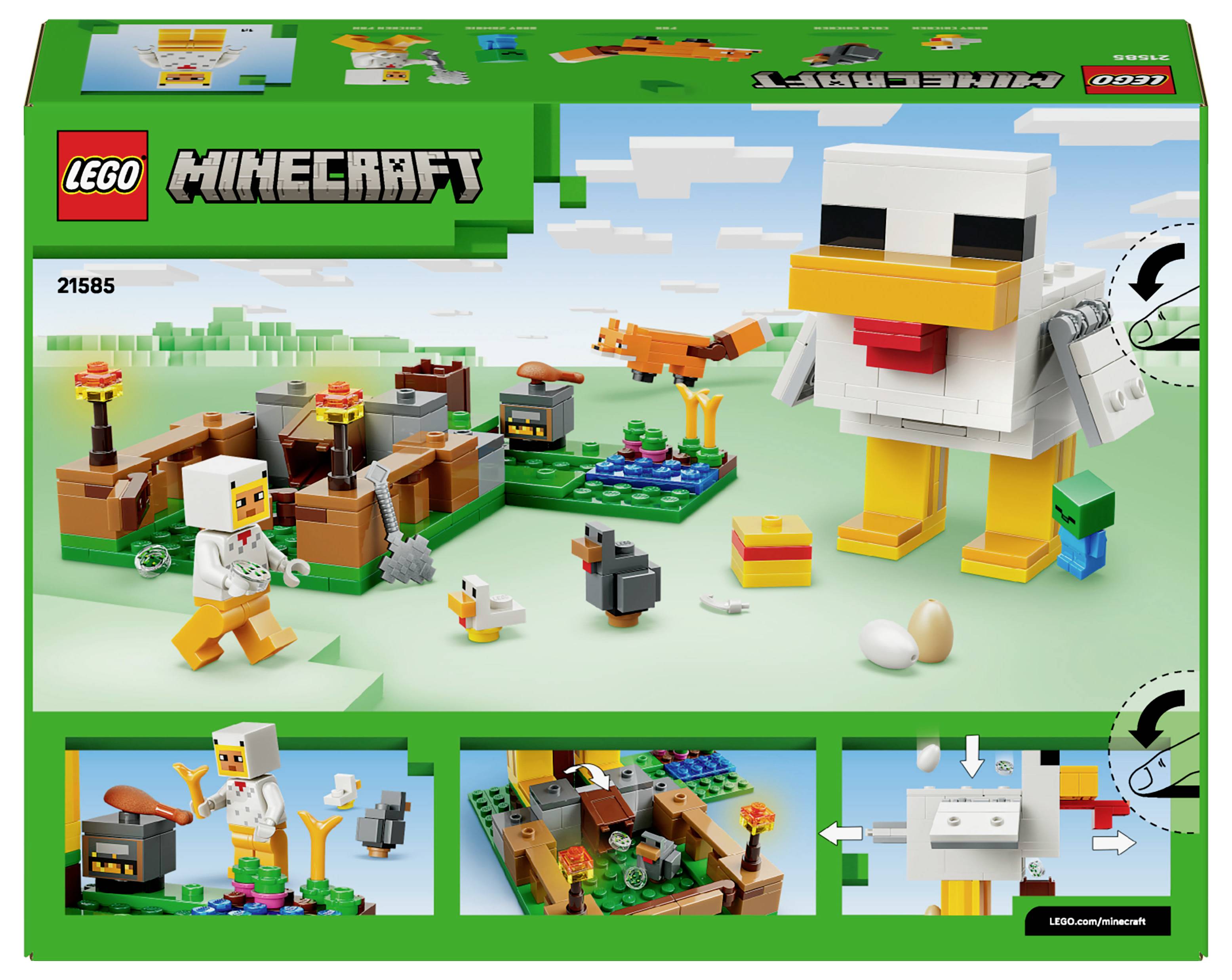 LEGO Minecraft-set met een kippenschuur met een reusachtige kip, minifiguur, kleine dieren en accessoires. Setnummer 21585.