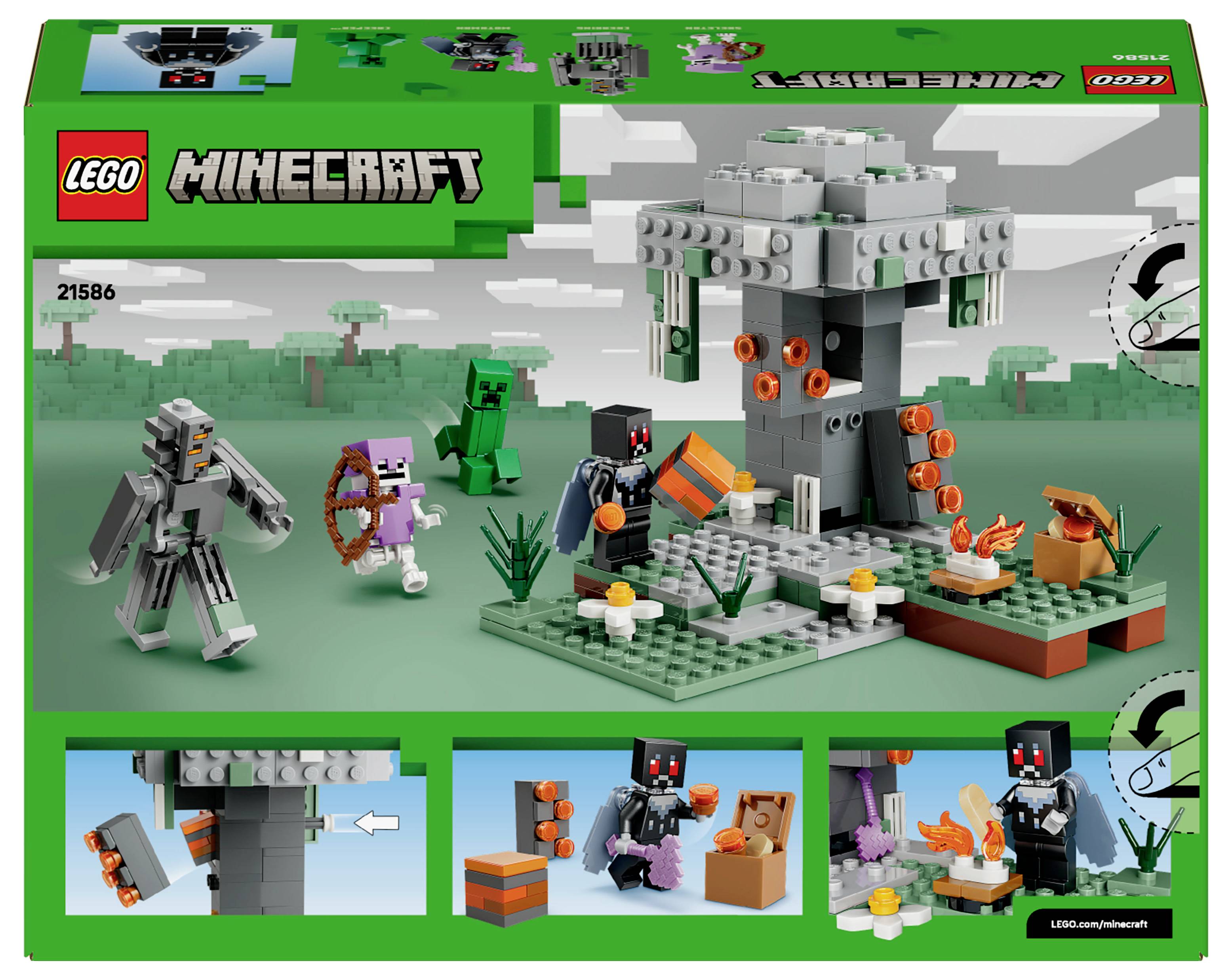 LEGO Minecraft set 21586 doos: Bevat een blokkerige boom, een personage met een boog, een figuur met een zwaard, een creeper, en accessoires.